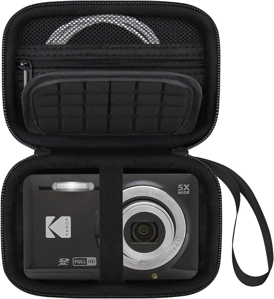 Elonbo Estuche de transporte para cámara digital KODAK PIXPRO FZ45/ FZ55 | Estuche compacto para cámara, bolsa dura, con bolsillo de malla, correa para la muñeca, doble cremallera, para Vlogging, almacenamiento protector de viaje, negro