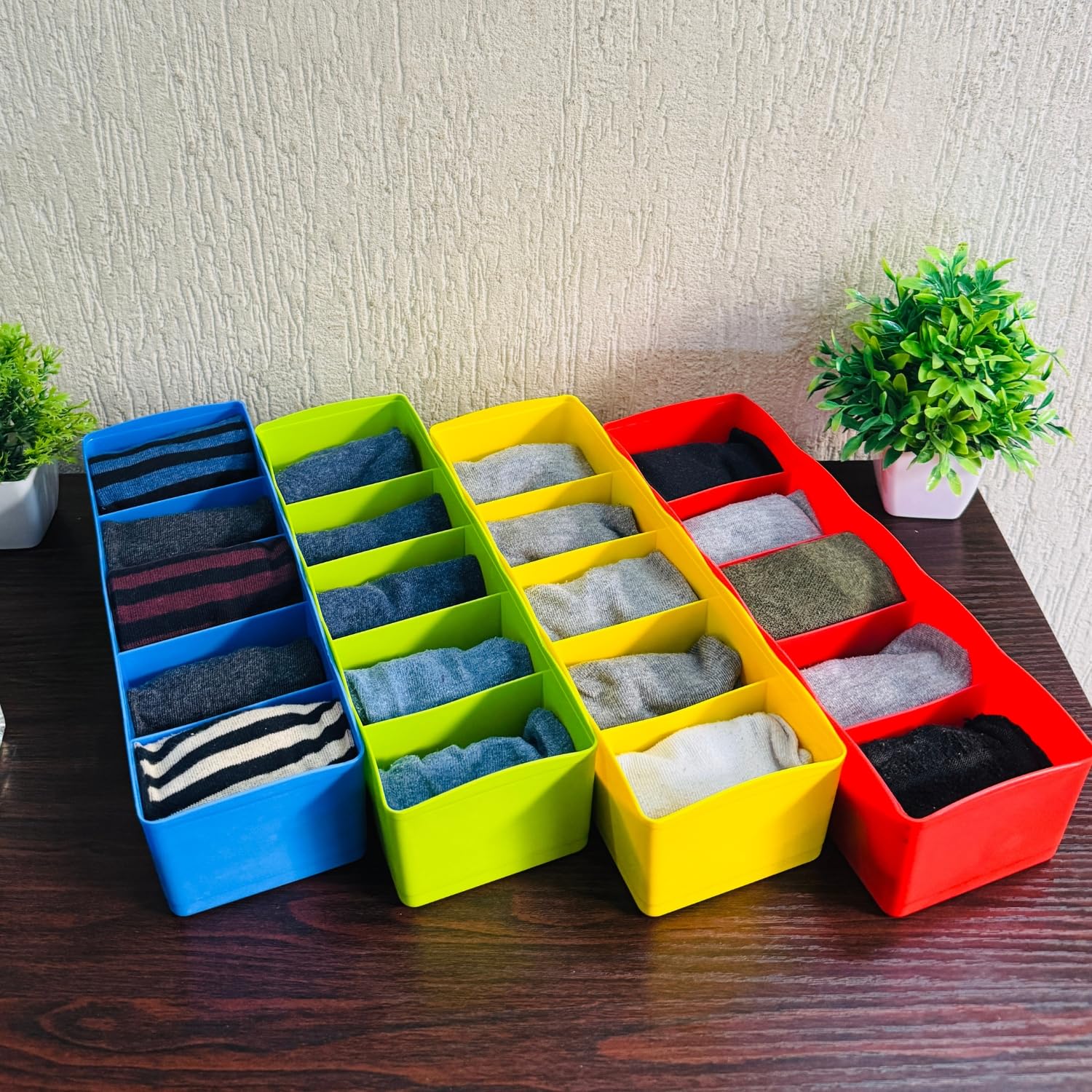 Go Hooked 5 Grid Plastic Storage Box Drawer Organizer Underwear Innerwear Socks Undergarments Storage Drawer Organiser Versatile Durable Compact Efficient Sturdy Space Saving Set of 4 Multicolor