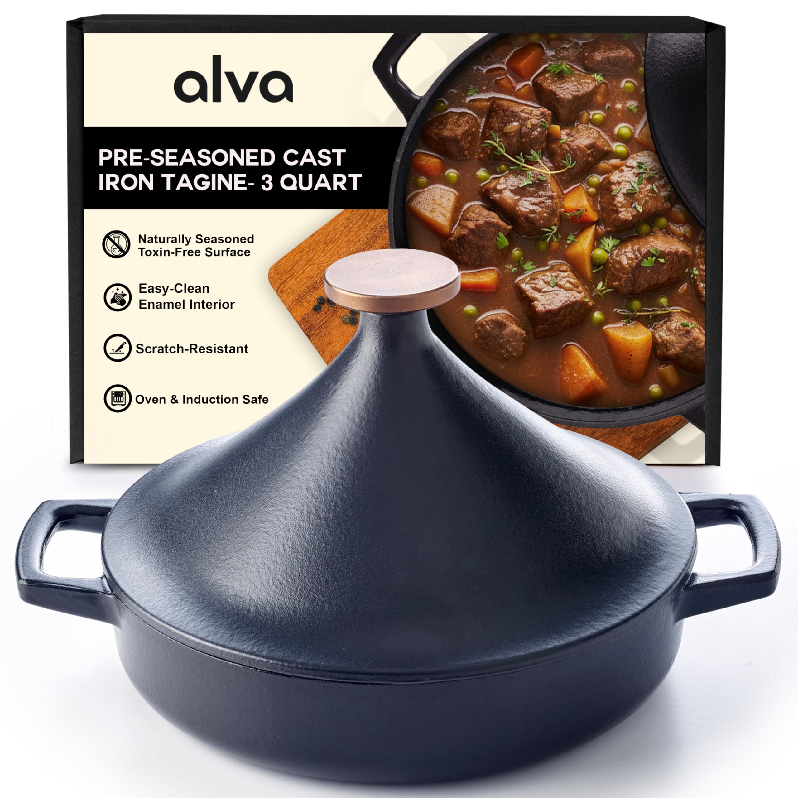 Alva Nori 3-Qt Enameled Cast Iron Tagine – Made With No PTFE, PFOA, PFAS, Oven & Induction Safe – 3-Layer Enamel, No Seasoning Needed – Moroccan-Style Dutch Oven for Braising, Stewing & Roasting, Black