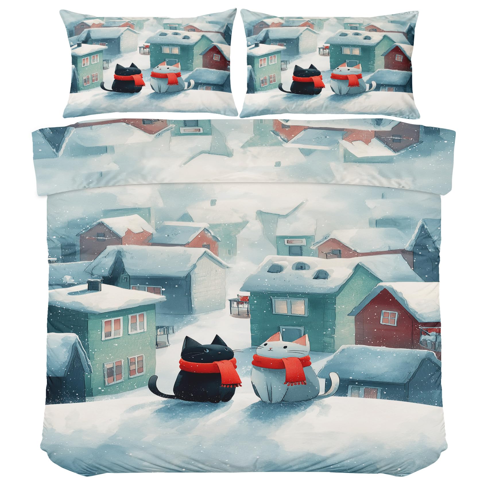 Housse de couette 160x200 chat mignon parure de lit 3 pièces microfibre village hiver eU213
