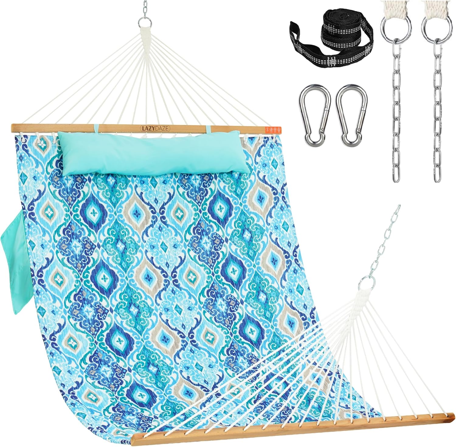 Lazy Daze Hammocks 2 Person Double Quilted Fabric Hammock with Spreader Bar, Detachable Pillow, Side Pocket, Carabiners, Chains, Straps for Outdoor, 450lbs Capacity, Navy Blue