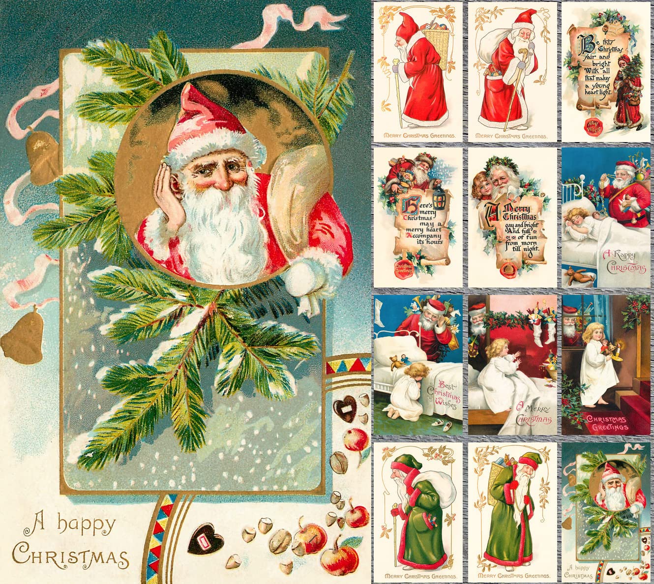 PIXILUV SANTA'S CHRISTMAS SALUTATIONS (Pack of 12) Notecards Small Greeting Cards # Pairs of Santas and Christmas Yuletide Greetings ~ Vintage Christmas Postcards Reprint
