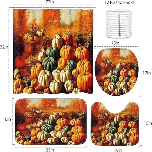Miniatura 6 de ArtSocket Juego de cortina de ducha de otoño Batheoom con alfombras, juego de baño naranja con alfombra antideslizante, cubierta de tapa de inodoro,
