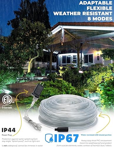 Miniatura 5 de WYZworks Cuerda de luz LED blanca fría de 150 pies, 8 modos de iluminación impermeable para exteriores con control remoto, tubo transparente