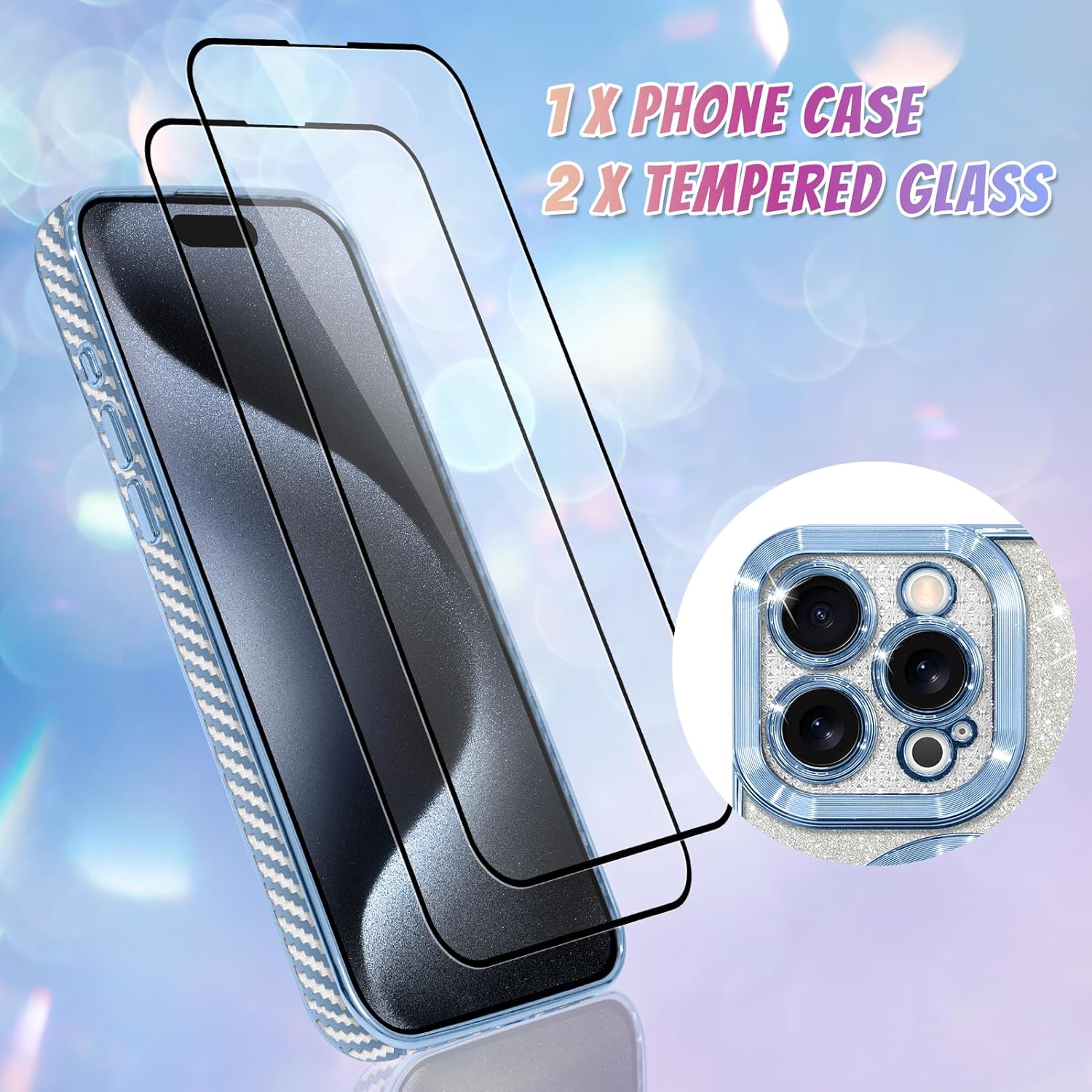 Bonoma Compatible with iPhone 15 Pro Case Support for MagSafe, Plating Heart Glitter Magnetic 2* Screen Protector TPU Camera Protection Back Cover for Girls Women -Blue - Image 2