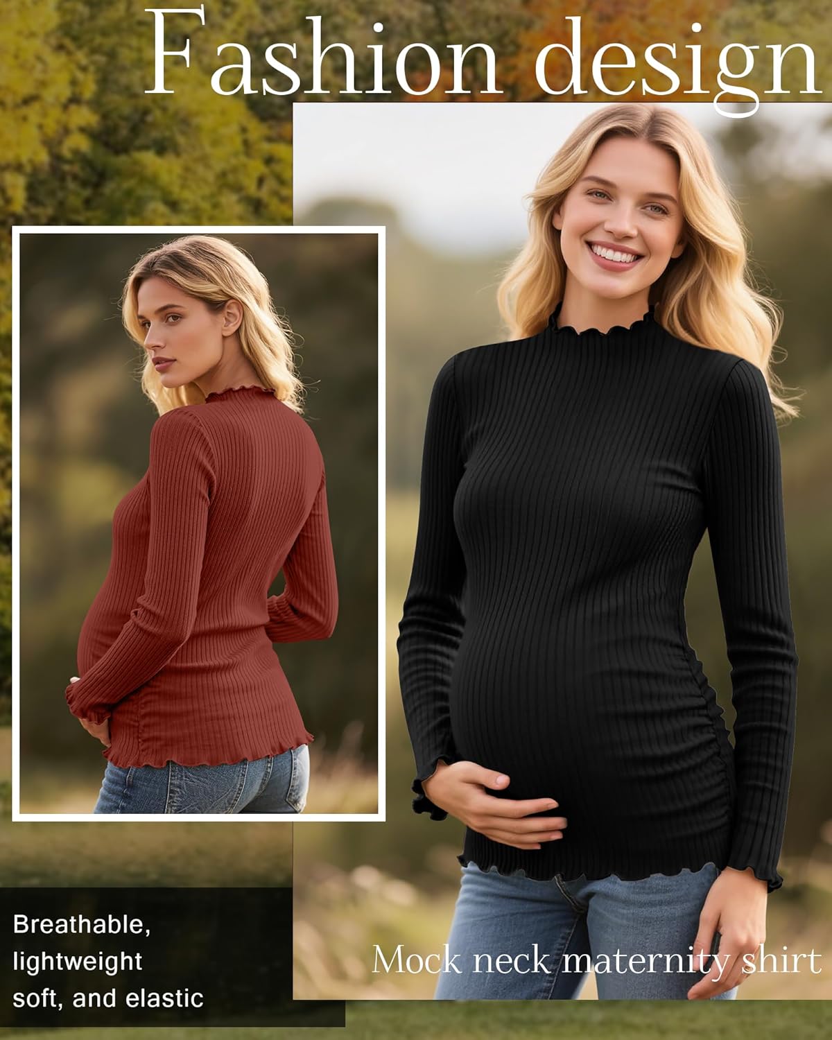 Huukeay 3 Pack Women's Maternity Shirts Ribbed Knit Pregnancy Tops Long Sleeve Mock Neck Basic Tunic Fall Clothes