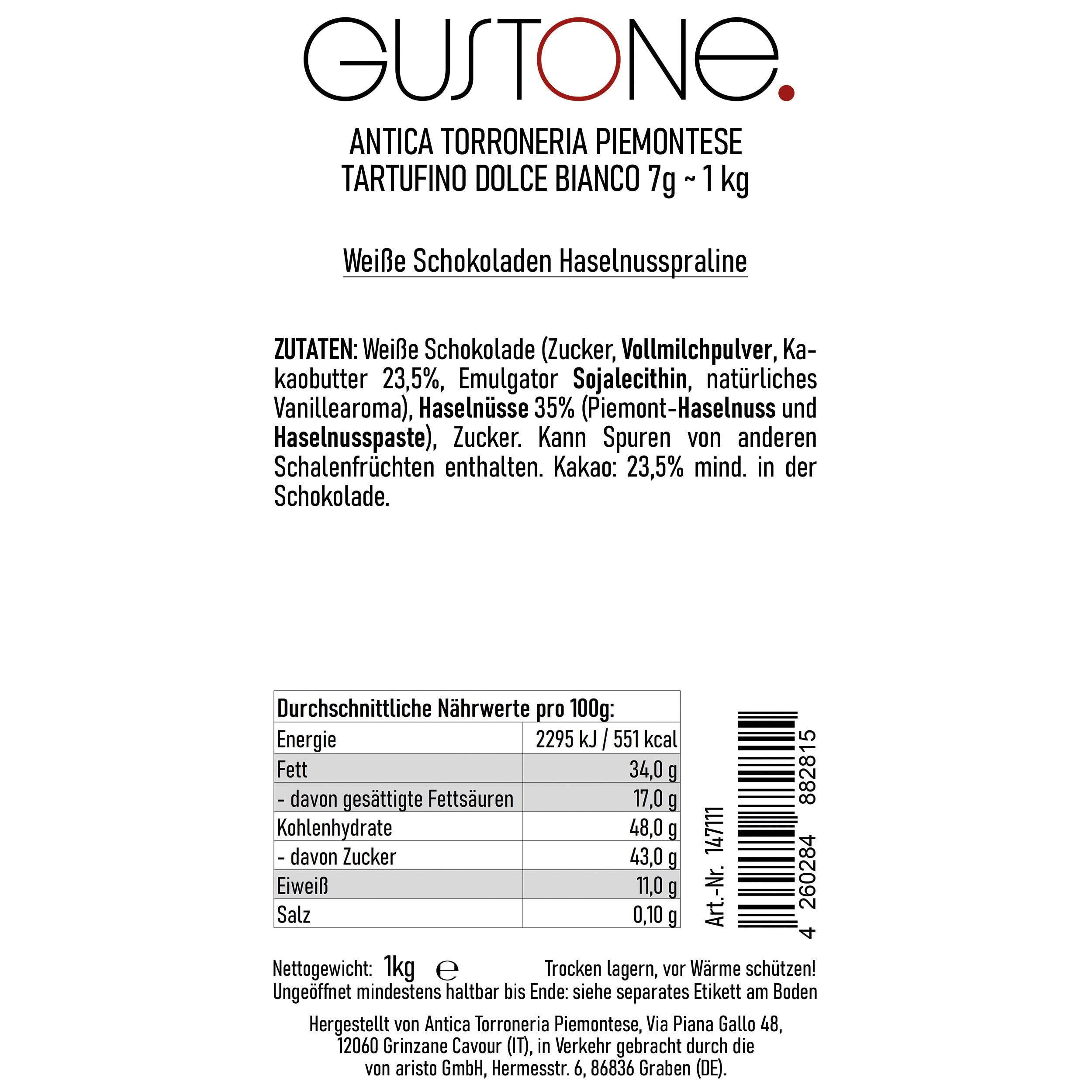 GUSTONE. Tartufini Dolci Bianco Antica Torroneria Piemontese 140 Stück 1kg | 35% Kakao, glutenfrei, IGP-geschützte Herkunft, Schokoladen-Trüffel weißer, Schokoladentrüffel, in Handarbeit gefertigt