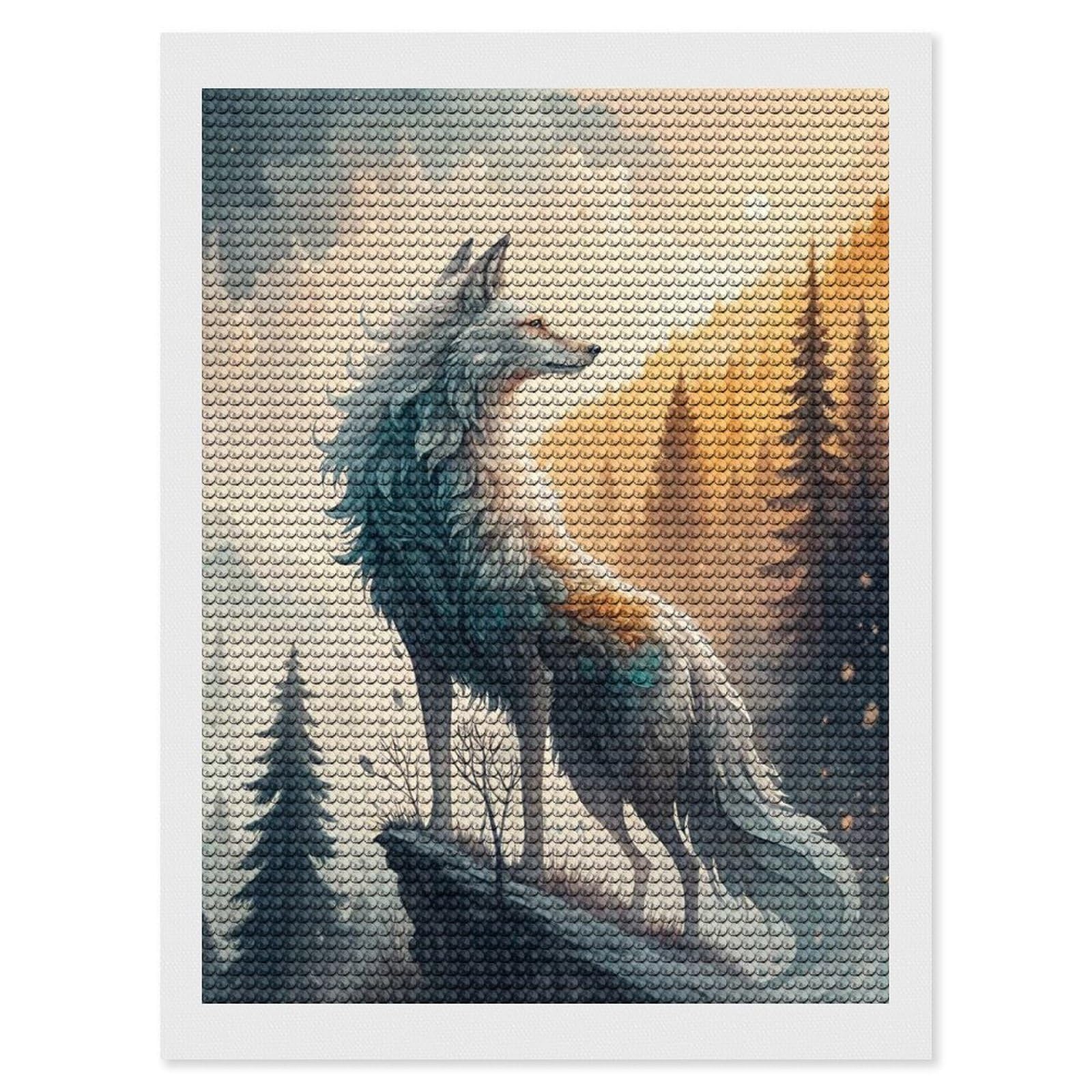 Junmoney Majestic Wolf in Mountain Landscape Diamond Art Canvas 12"x16", Easy Handmade Project, Complete Accessories, Bedroom Decor, Birthday Gift
