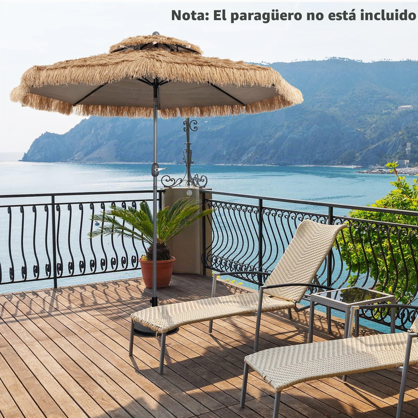 KOMFOTTEU Sombrilla de Playa Ø270/300cm, Sombrilla Hawaiana de Paja de PE, Parasol de Rafia Inclinable con 8 Varillas, Sombrilla con Doble Techo para Jardín, Terreza, Balcón