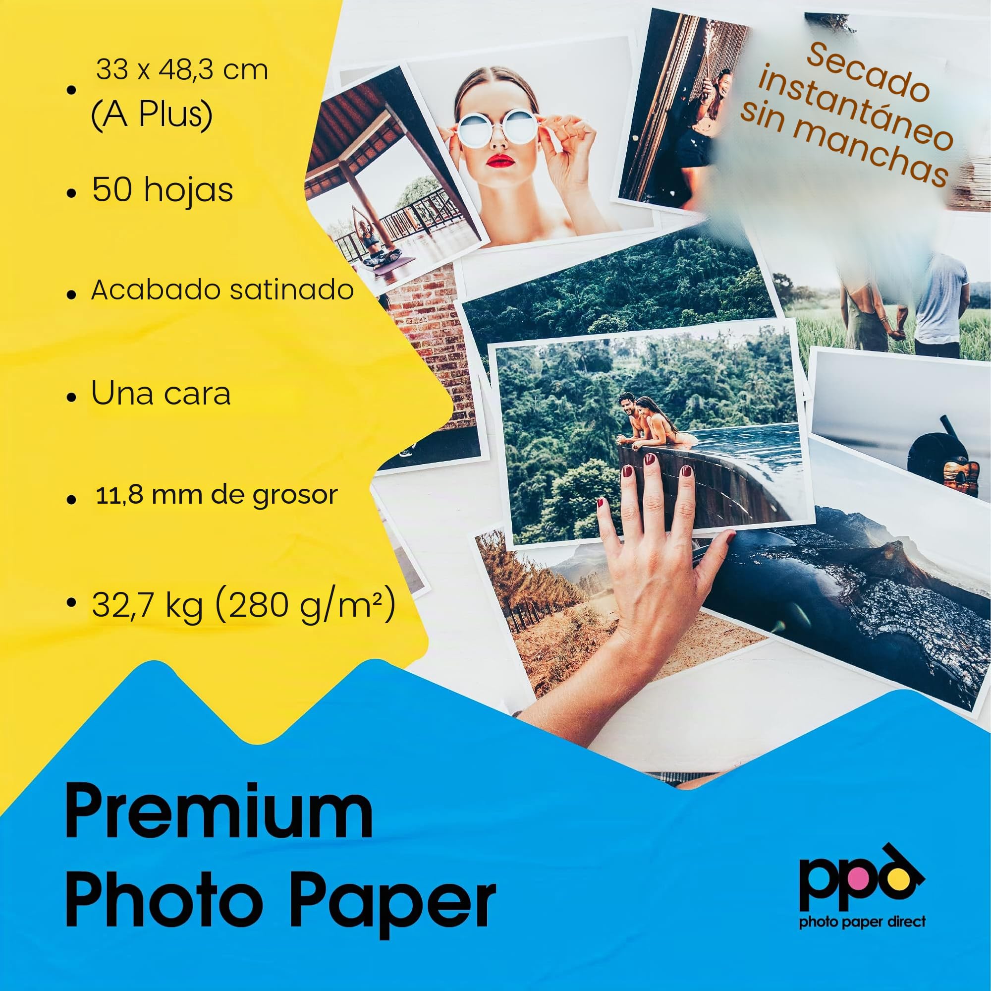PPD Inkjet - A3 Plus x 100 Hojas de Papel Fotográfico Satinado Perlado 280 g/m² - Calidad Profesional - Secado Instantáneo - Para Impresión de Inyección de Tinta - PPD-23-100