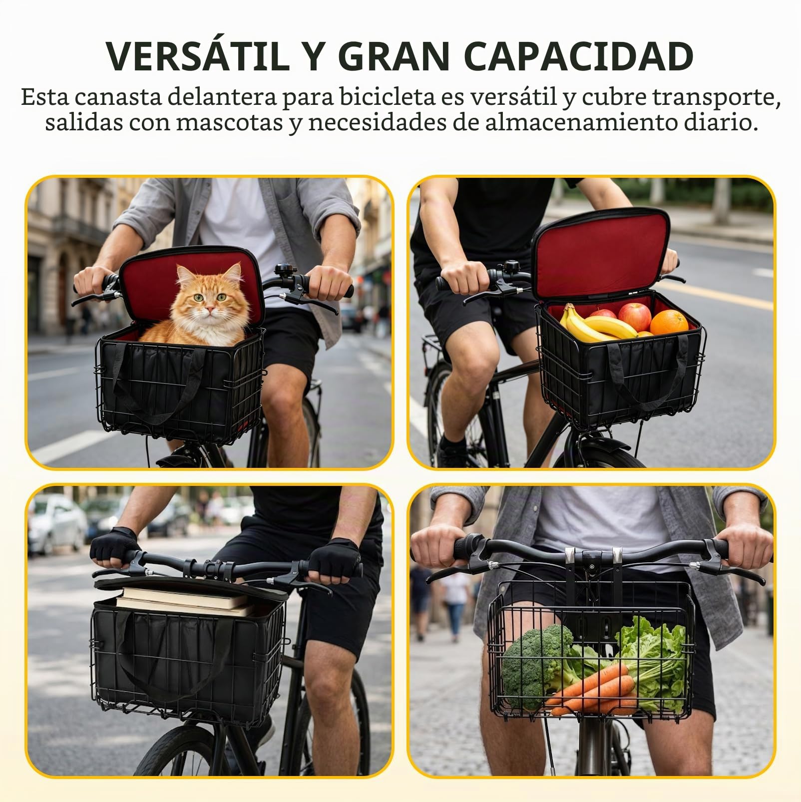 Cesta delantera y trasera plegable para bicicleta con bolsa interior de poliuretano, bolsillo interior extraíble, cesta de bicicleta unisex para parte delantera, malla de alambre, cesta de bicicleta