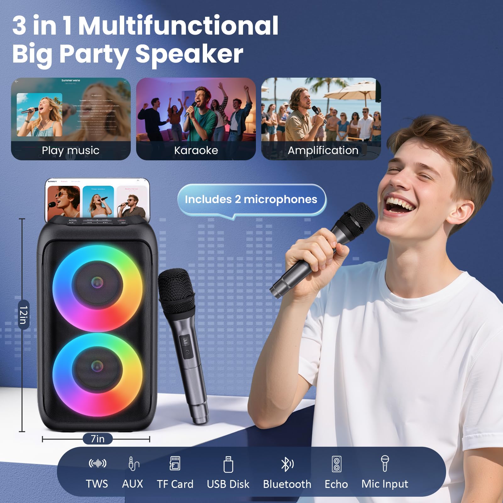 Karaoke Adulte, (Nouveauté 2026) Haut-Parleur Bluetooth Portable Karaoke pour Adultes avec 2 Microphones sans Fil, Système PA pour Adultes et Enfants avec Lumières, Adulte Professionnel
