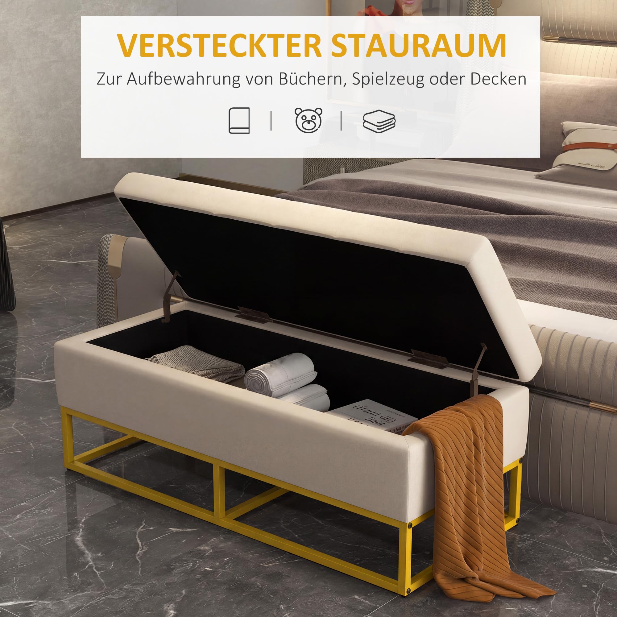 HOMCOM Sitzbank mit Stauraum Klappdeckel Sitztruhe Beige 110 x 44 x 49 cm | Gepolstert, Samtoptik, Polsterbank, Bettbank, Truhenbank mit Stahlbeine, Für Wohnzimmer, Schlafzimmer