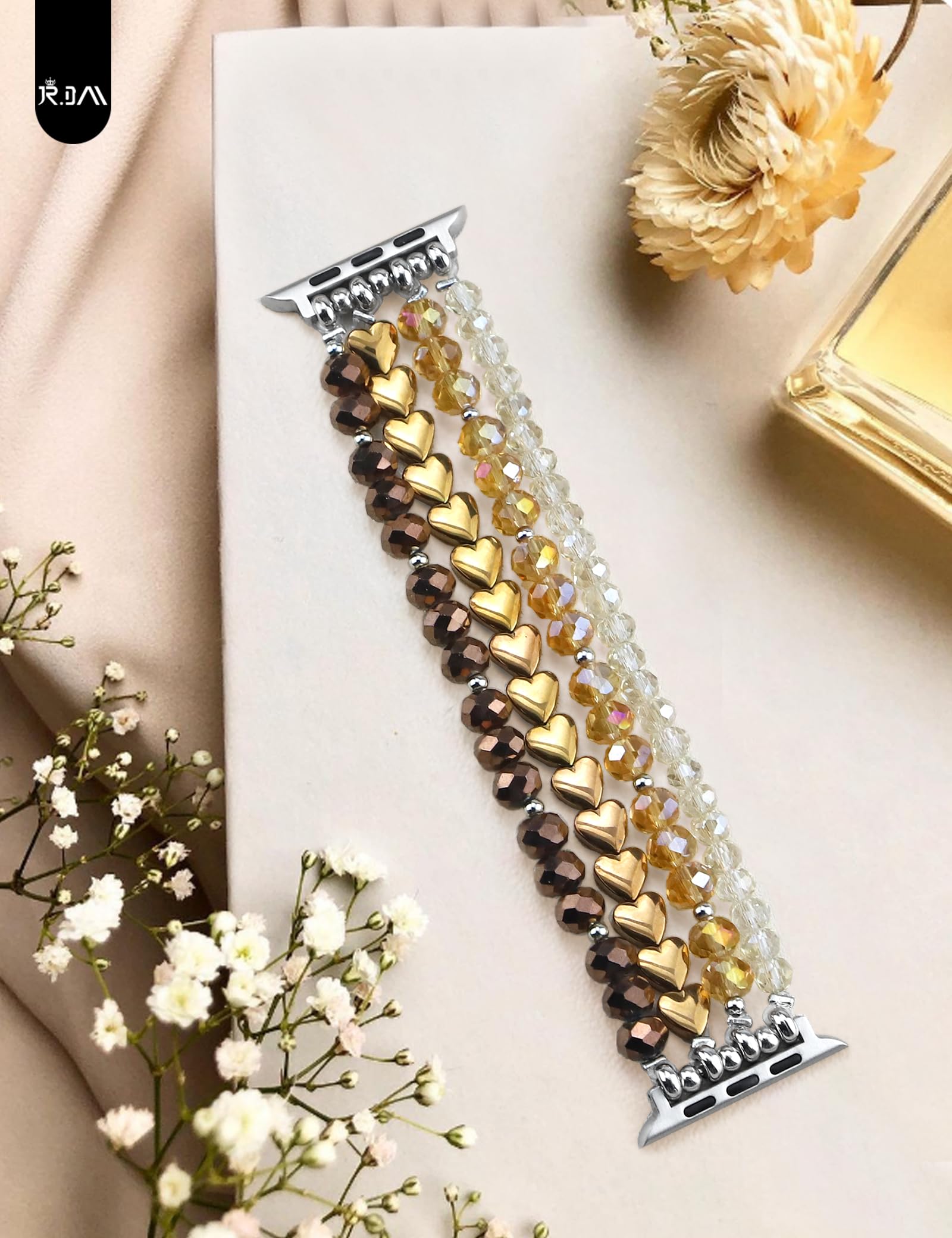JR.DM Bracelet à perles compatible avec Apple Watch 44 mm, 42 mm, 45 mm, Series 9/8/7/SE/6/5/4/3/2/1, bracelet de rechange extensible fait à la main pour femmes et filles (café)