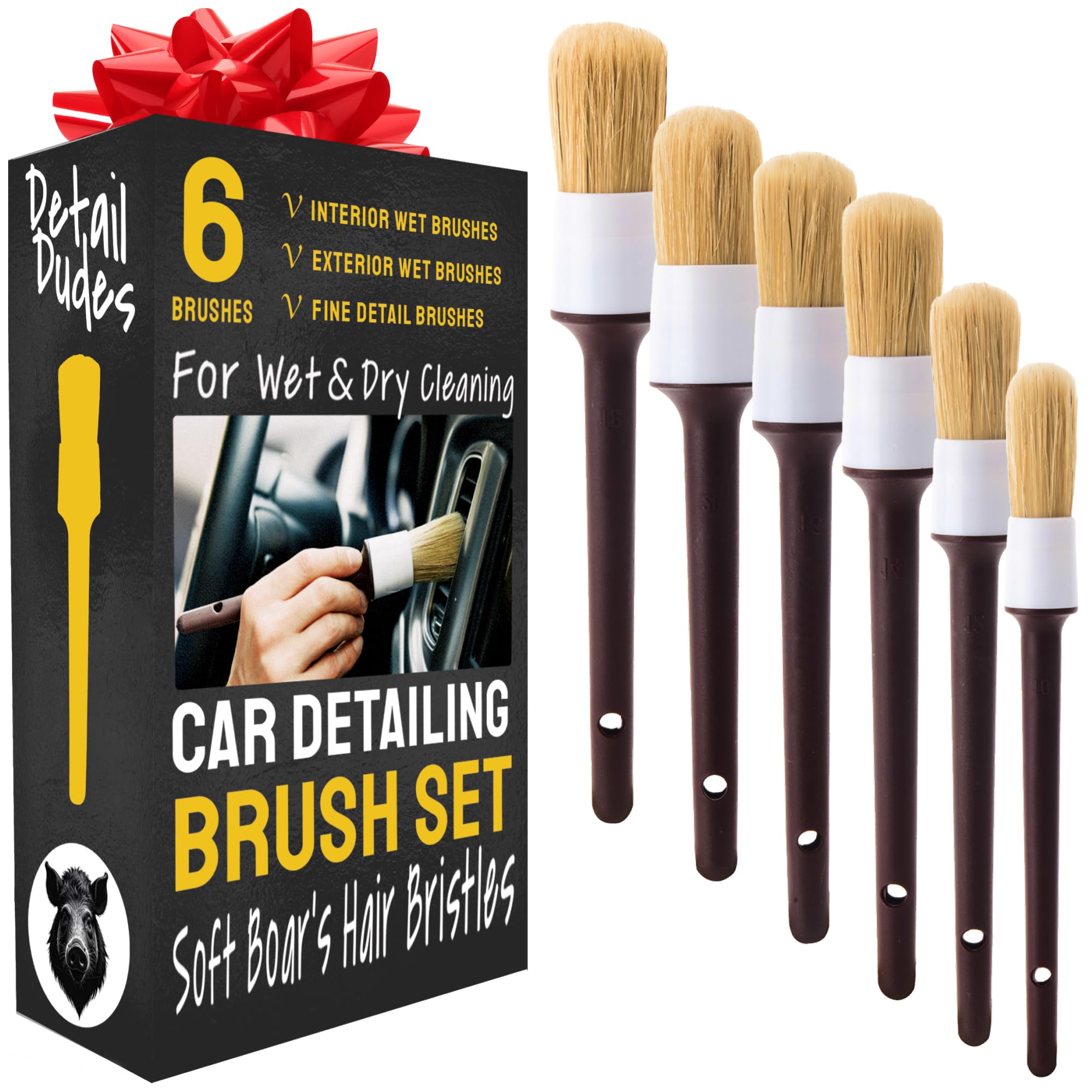 Soft Boar Hair Car Detailing Brush Set - 6-Pack - Scratch-Free Soft Bristle Cleaning Brushes - Reaches Tight Spots & Interior Car Cleaning Kit - Ergonomic & Durable Detailing Supplies