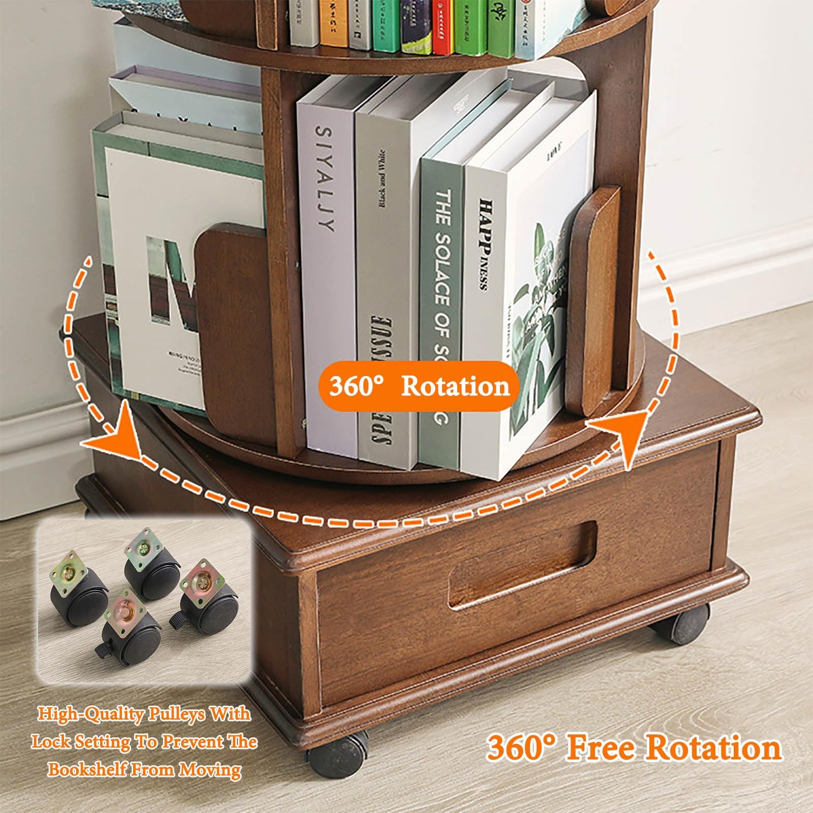 Amazon｜360°回転式本棚 5段 回転ブックラック 無垢材 回転コミック