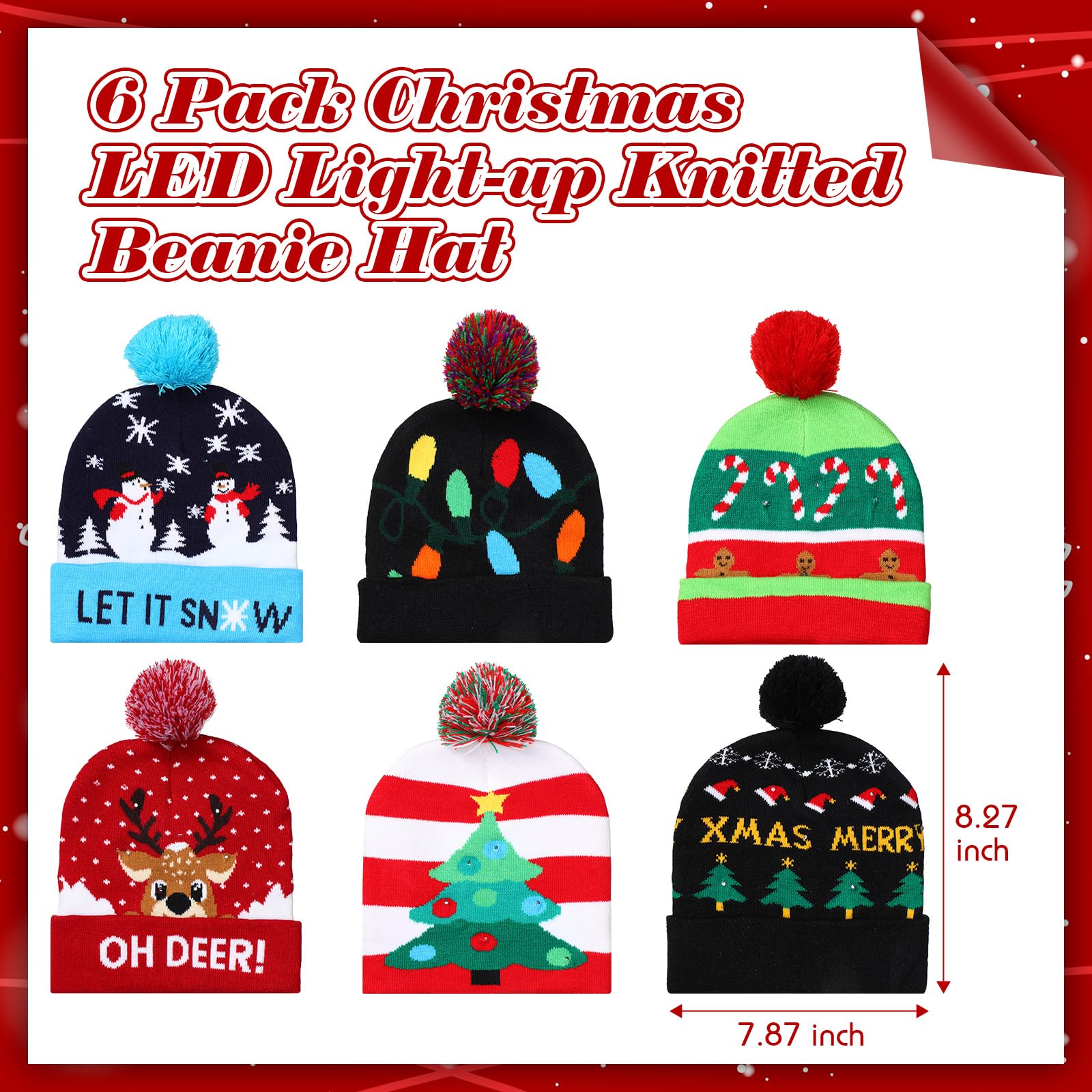Lot de 6 chapeaux de Noël lumineux lumineux à LED pour femmes et hommes adultes non sexes hiver moche pull