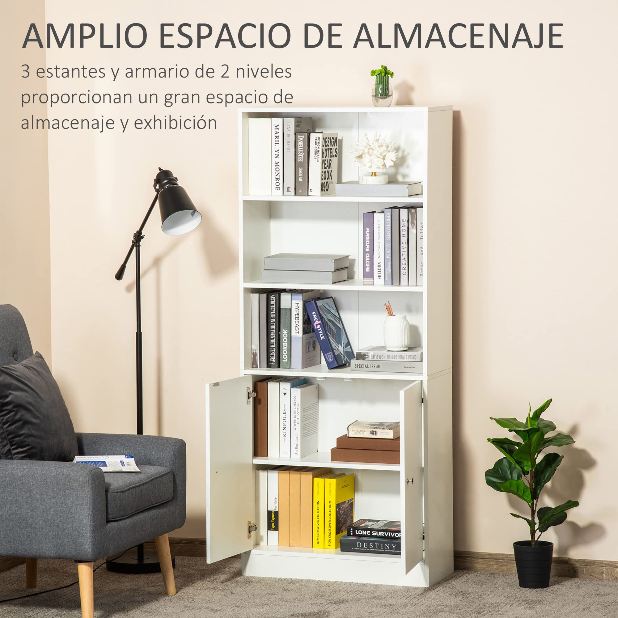 HOMCOM Estantería Librería con 3 Compartimentos Abiertos y 1 Armario con Estante Ajustable Almacenaje para Salón Estudio 70x29,5x167 cm Blanco