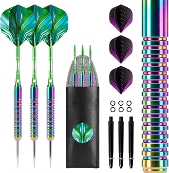 XAWU Steel Tip Darts Set, 3 Pack with PU Leather Dart Sleeve, 6 Dart Flights, 3 Aluminium & 3 Plastic Shafts, 6 Rubber O-Rings