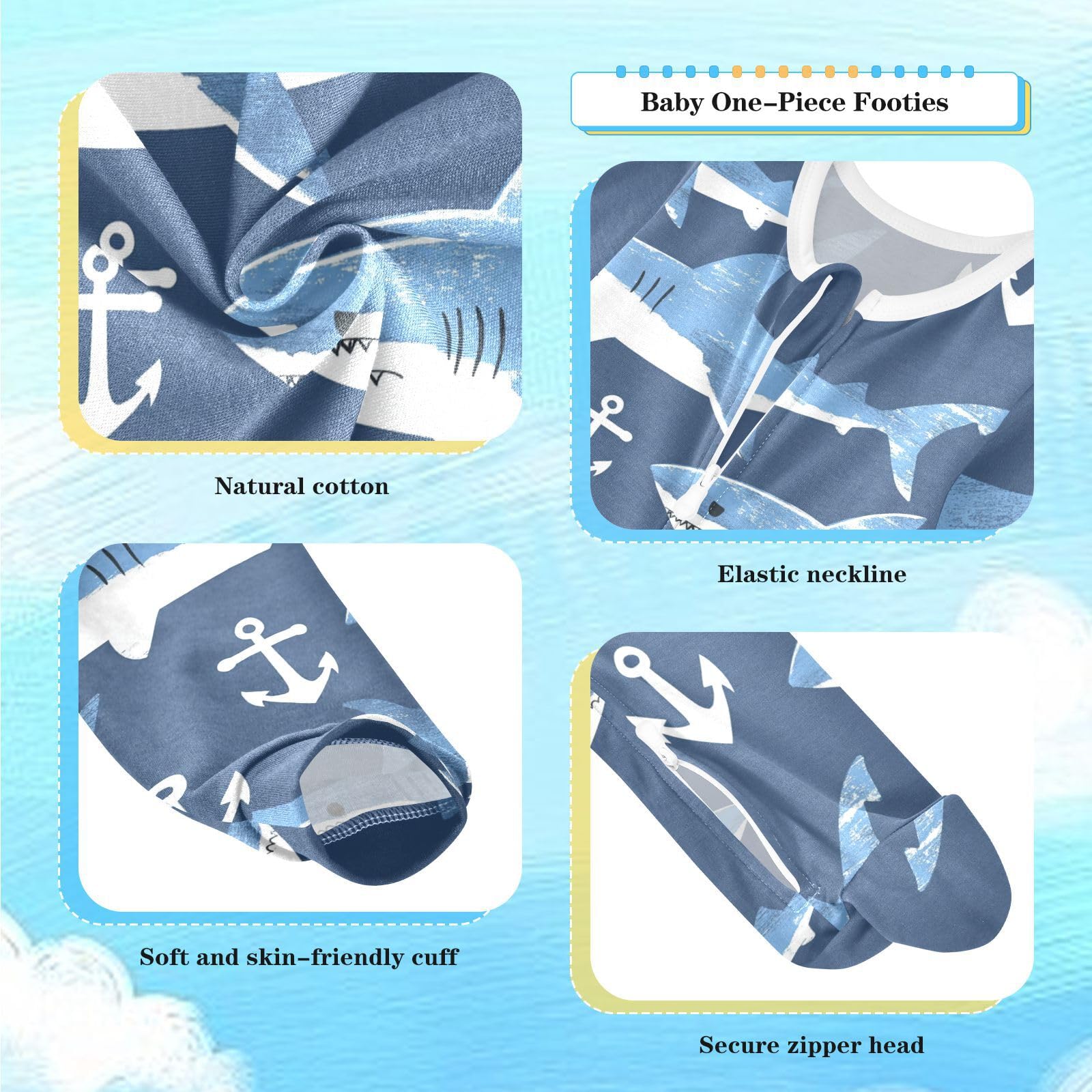 Wusikd Sharks One-Piece Footies White Anchors Bodysuit Rompers Zipper for Boys Girls 6M