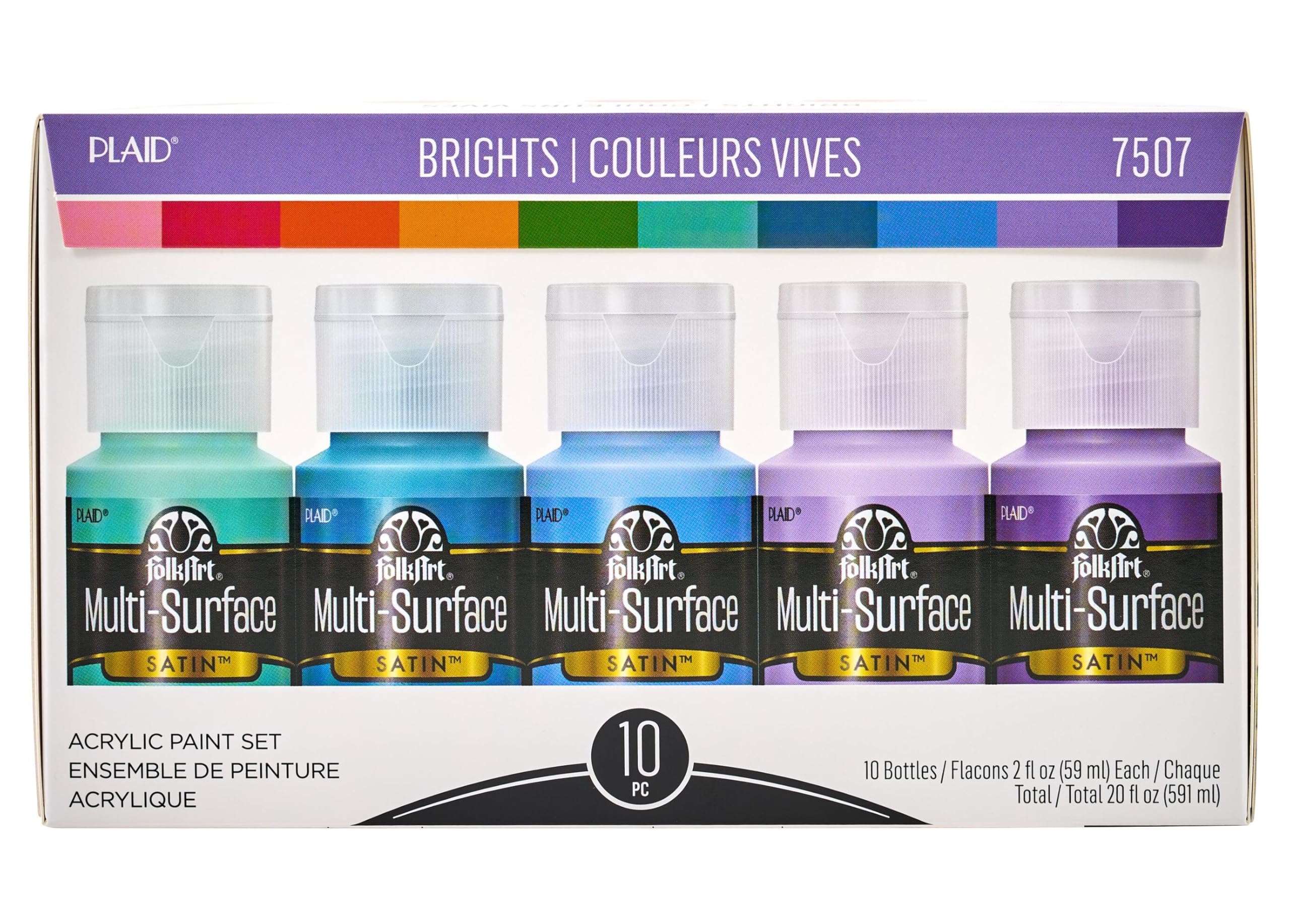 Color, 10 Bottle Multi-Surface Acrylic Paint Set, 2oz, Brights