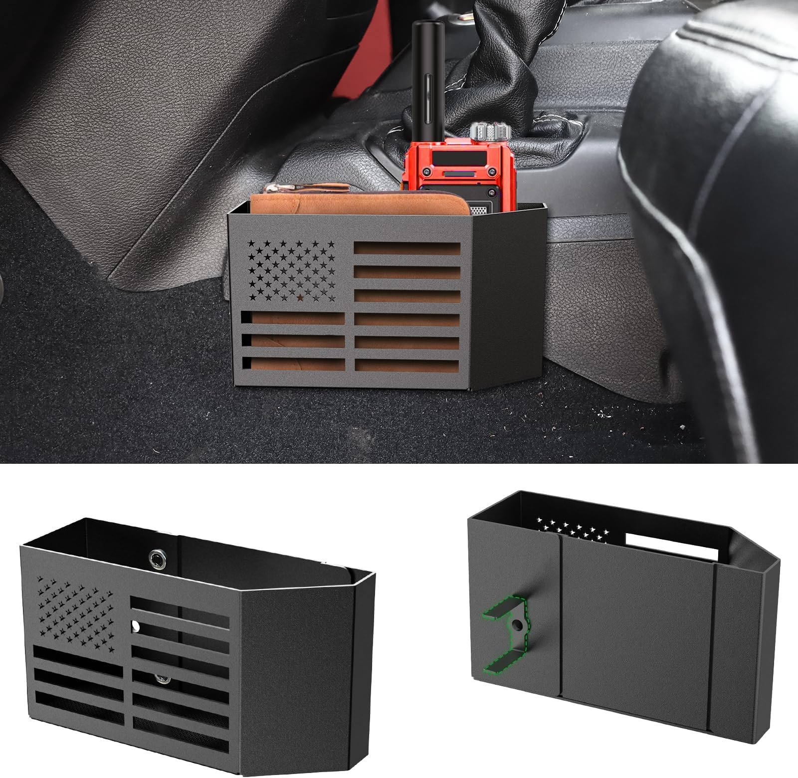 Upgrade Metal Gear Shift Center Console Organizer for Jeep Wrangler Accessories and Jeep Gladiator JL JLU 2025 2024 2023 2022-2018 Rubicon Sahara 4xe Storage Box Tray,Flag Logo (Not for JK/JKU)