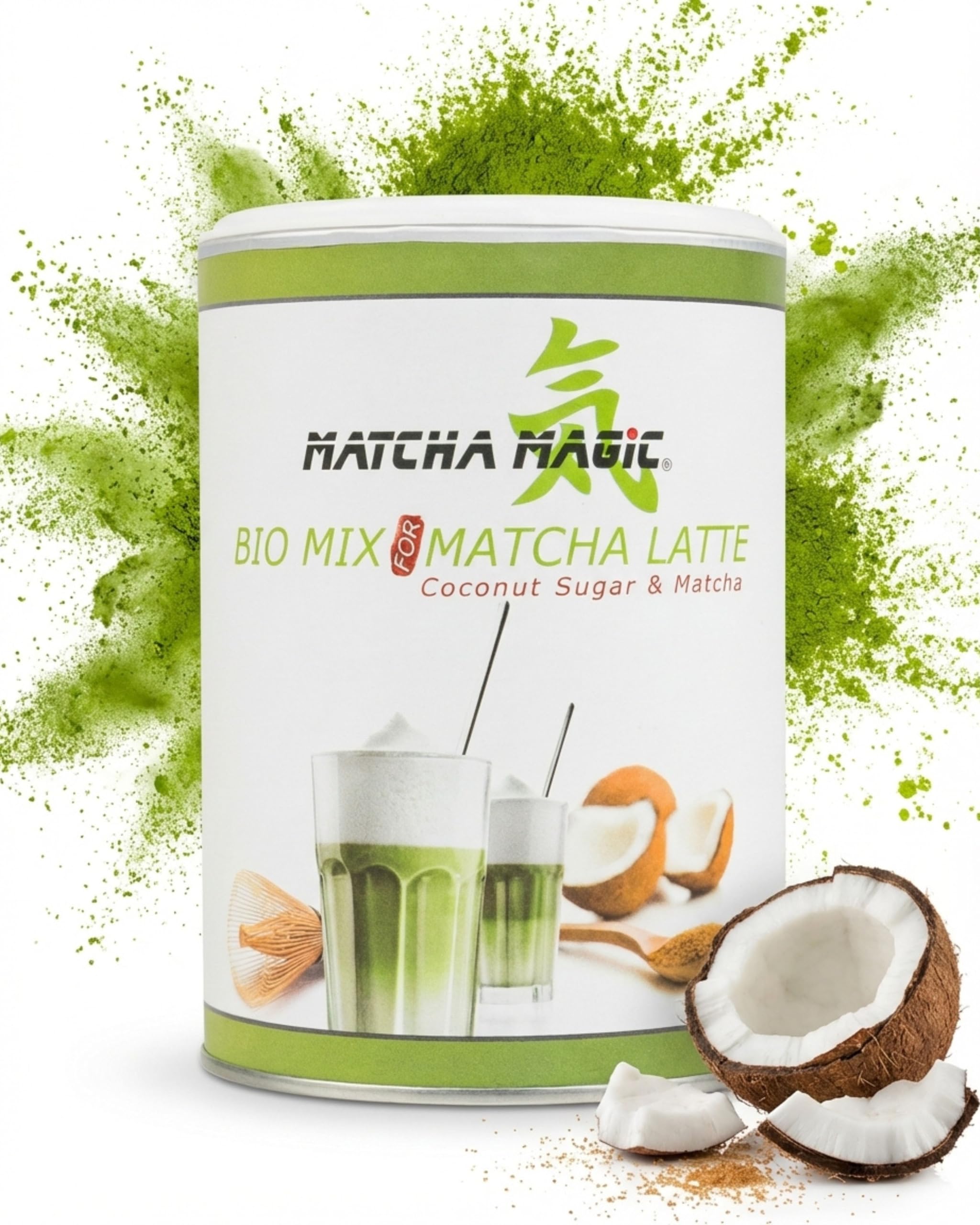 MatchaMagic - Bio Matcha Latte Pulver aus Japan mit Kokosblütenzucker für Leckeren Tee | Japanischer Bio Matcha, grüner Tee, Matcha Latte Pulver mit Kuh- oder Pflanzenmilch mixen