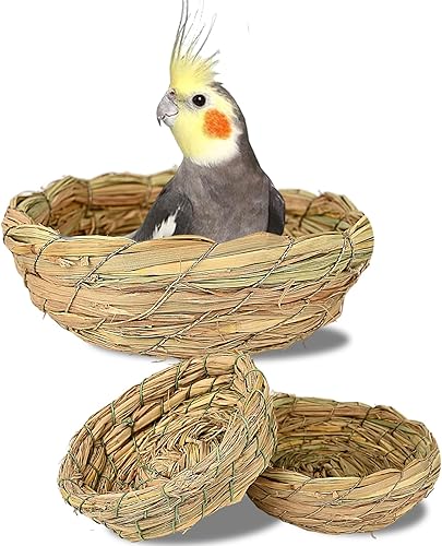 Paquete de 2 nidos de pájaros para periquito de pinzón canario, paja tejida a mano de 4.7 pulgadas, nidos de cría y anidación de paja, perca de