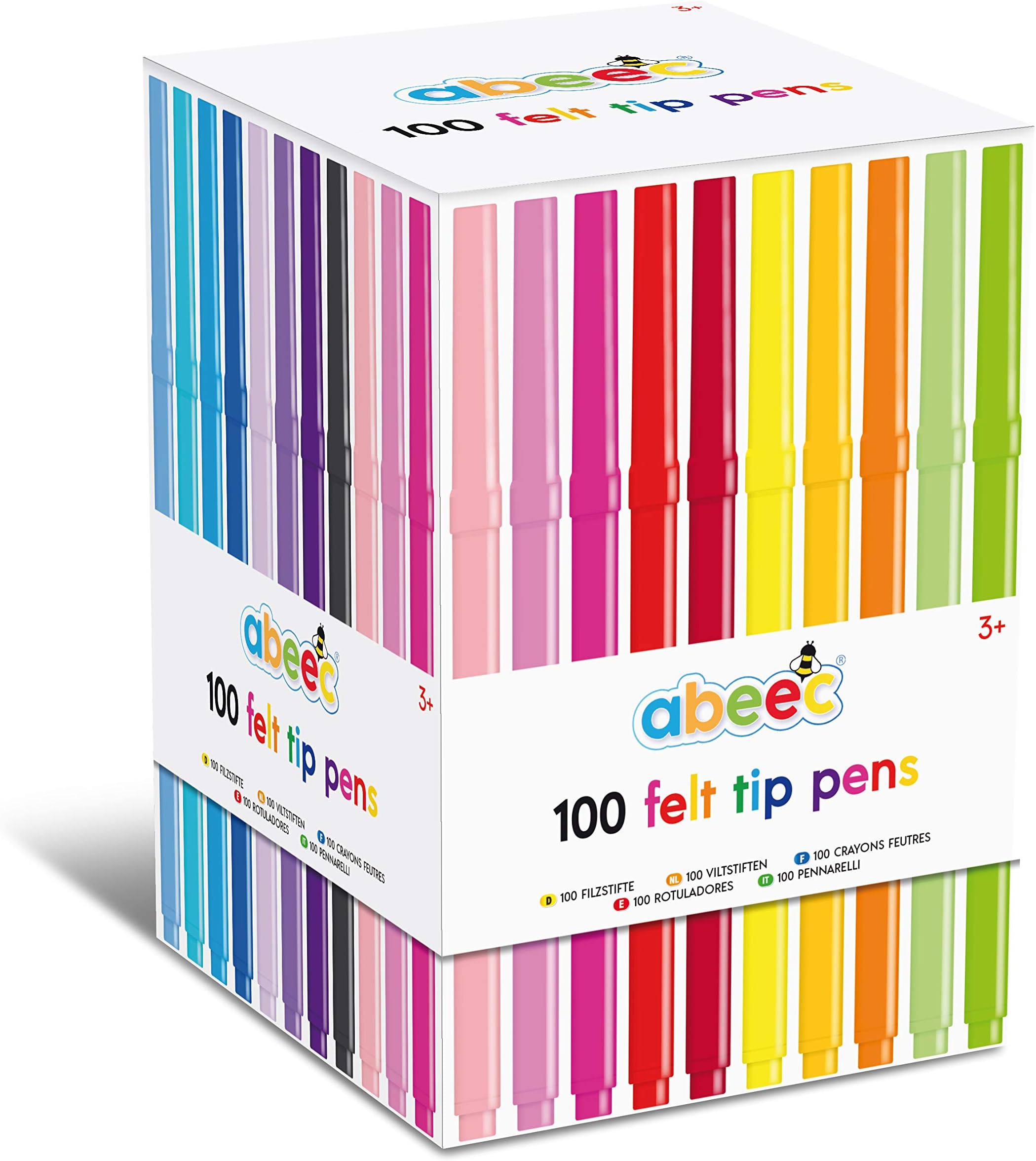 abeec Set of 100 Assorted Felt Tips for Kids 3+ - 20 Different Coloured Pens in a Box โ Colouring Set for Arts and Crafts Supplies