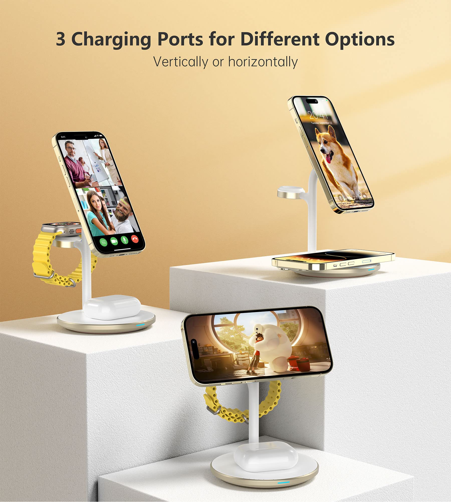 XooFly Stazione di ricarica magnetica wireless 3 in 1 per dispositivi Apple, 15 W | Supporto per ricarica rapida per iPhone 17 16 15 14 13 12 Series Apple Watch Ultra Airpod Pro, oro