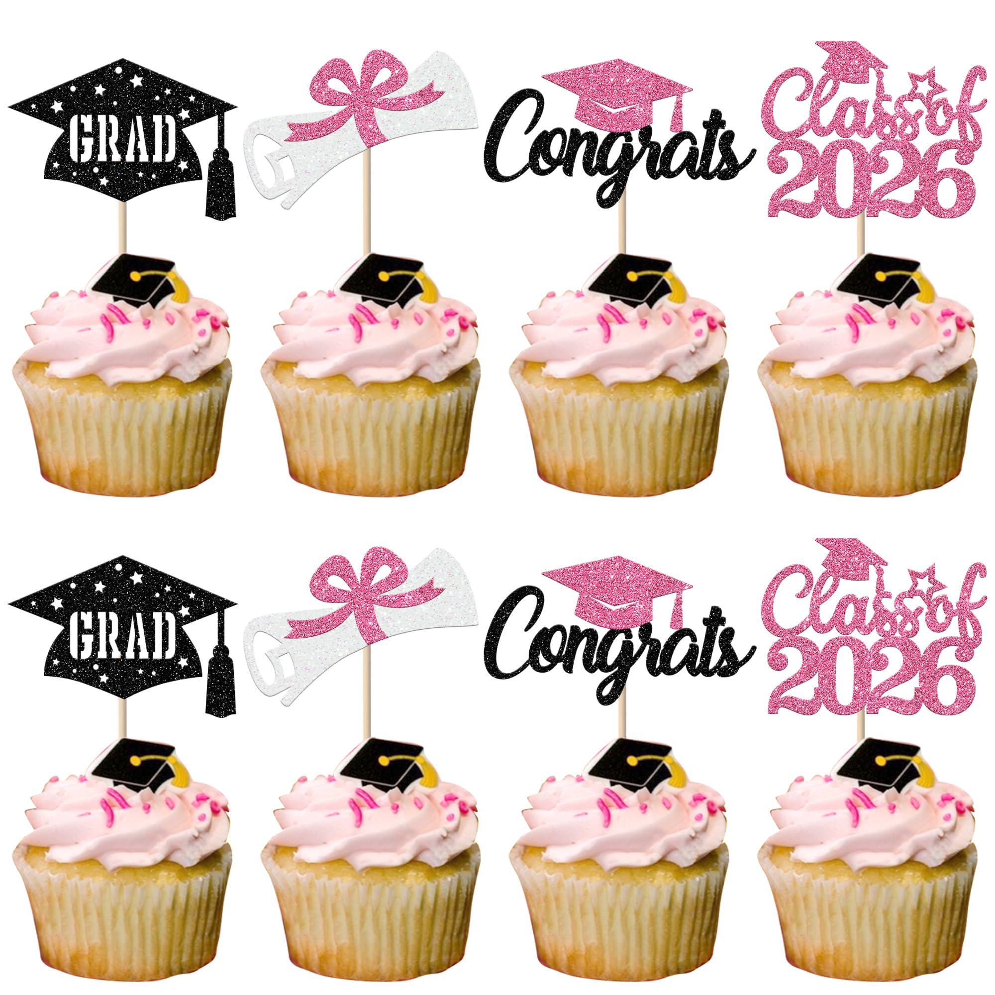 SYKYCTCY 24 Pack 2026 Graduation Cupcake Toppers Glitter Diploma Congrats Grad Cap Cupcake Picks Class of 2026 Cake Decorations for 2026 Graduation Theme Party Supplies Black Pink