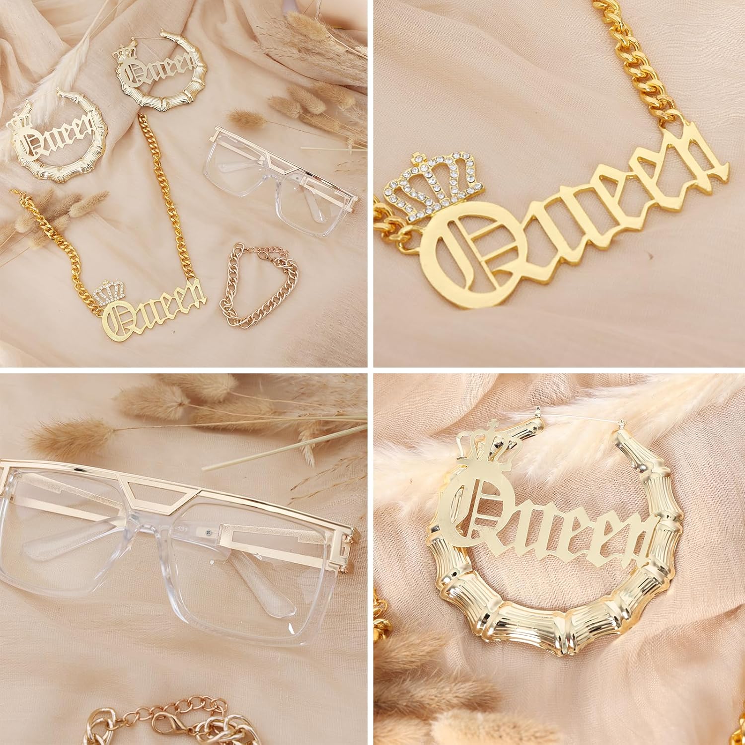 80s 90s Hip Hop Queen Costume Kit Outfit Jewelry Accessories Set Necklace Bracelet Sunglasses for Woman Rapper DJ Punk - Image 5