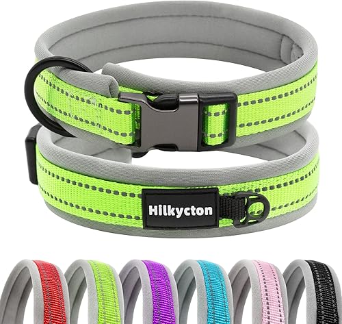 Hilkycton Collares de nailon reflectante acolchado con neopreno suave, collares anchos ajustables y resistentes para mascotas, hebilla de cinturón
