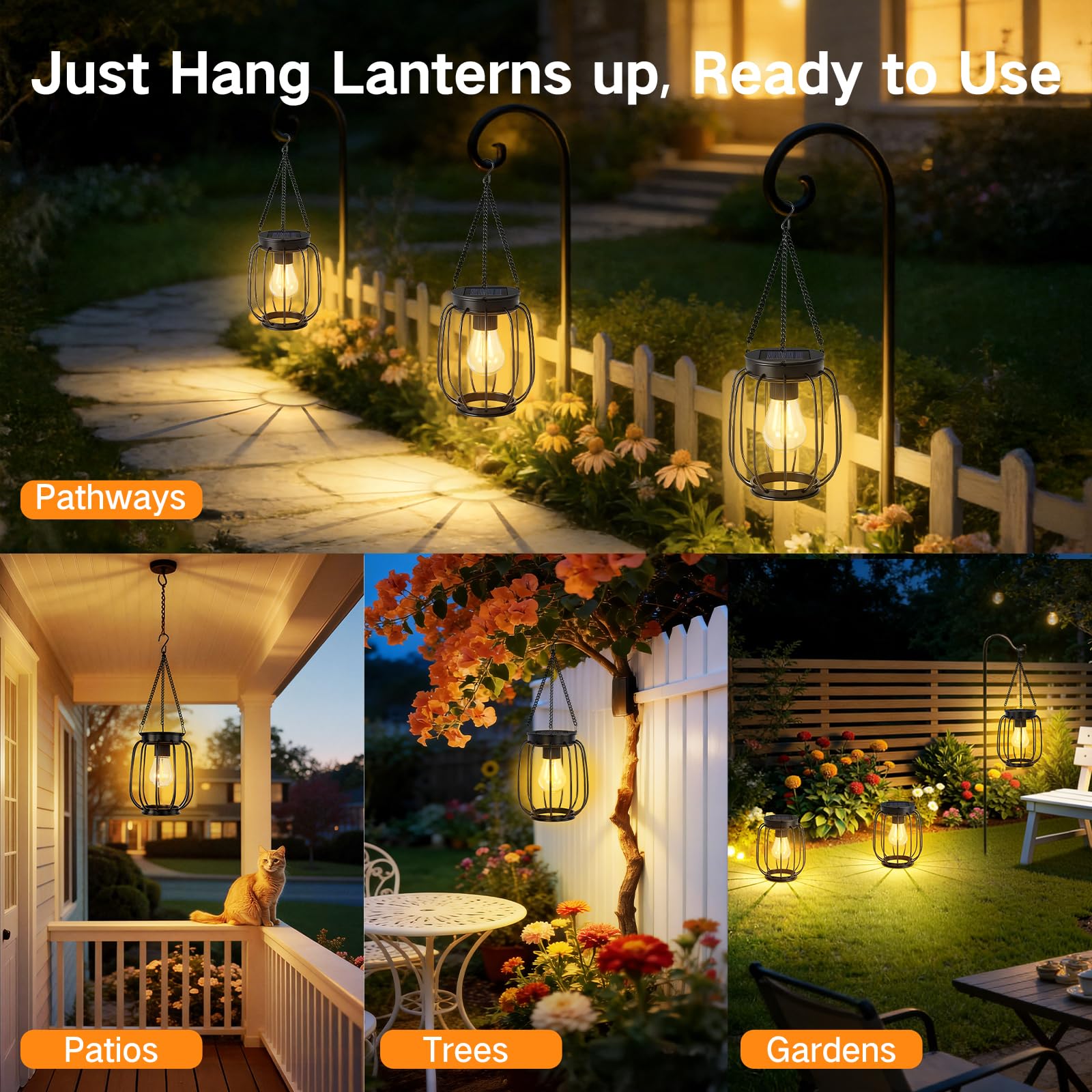 Lanterna Solare da Esterno, Metallo Impermeabile, LED Bianco Caldo, Accensione/Spengimento Automatico, Lanterna Decorativa Luminosa per Giardino, Patio, Cortile, Veranda, 2 Pezzi
