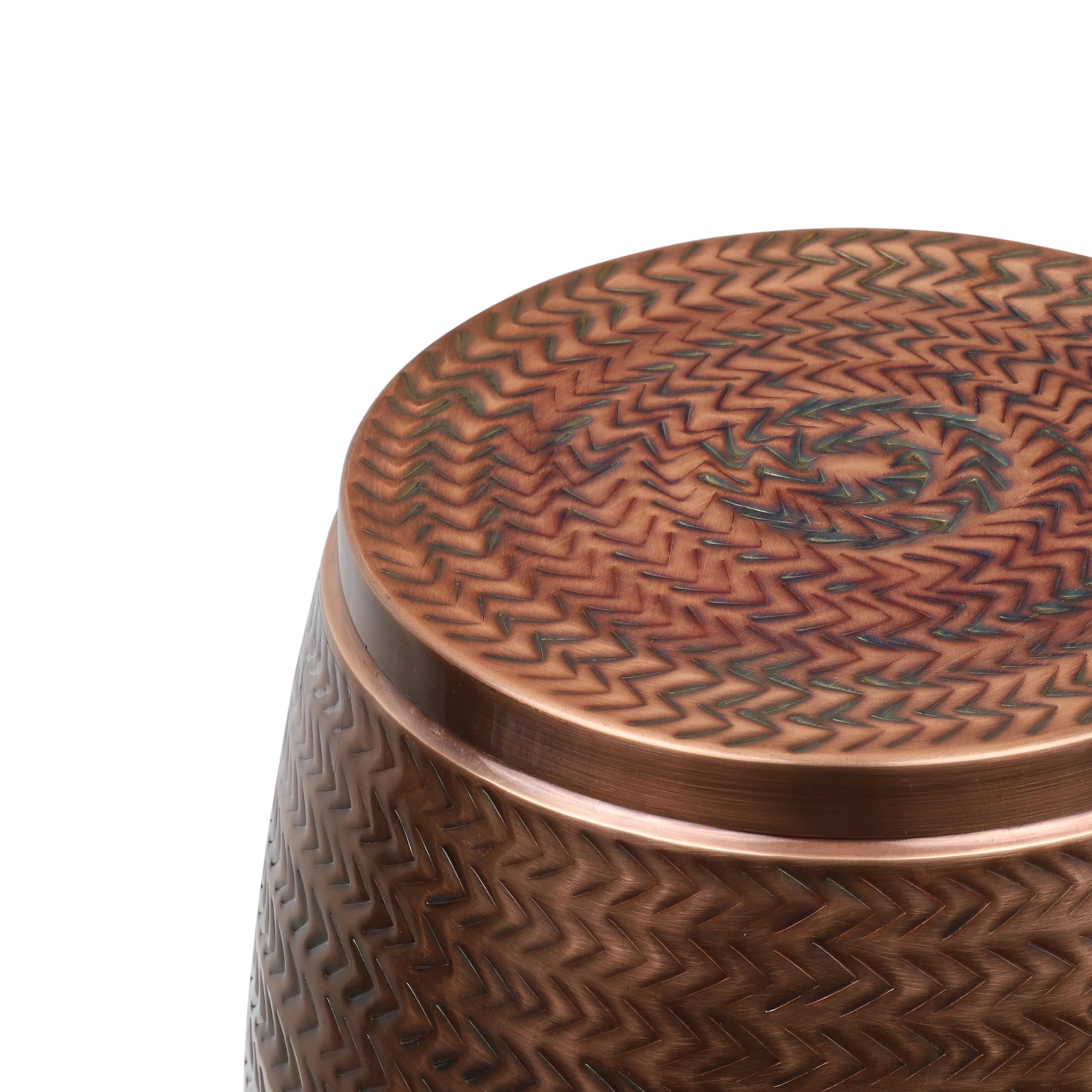 happimess Jasper Drum Storage Side Table Lid Iron 15", Antique Copper | Modern Rustic Arrow-Hammered Pattern, Versatile Accent For Living Room Or Bedroom, Lacquered Finish, 1.22 Cubic Feet Capacity