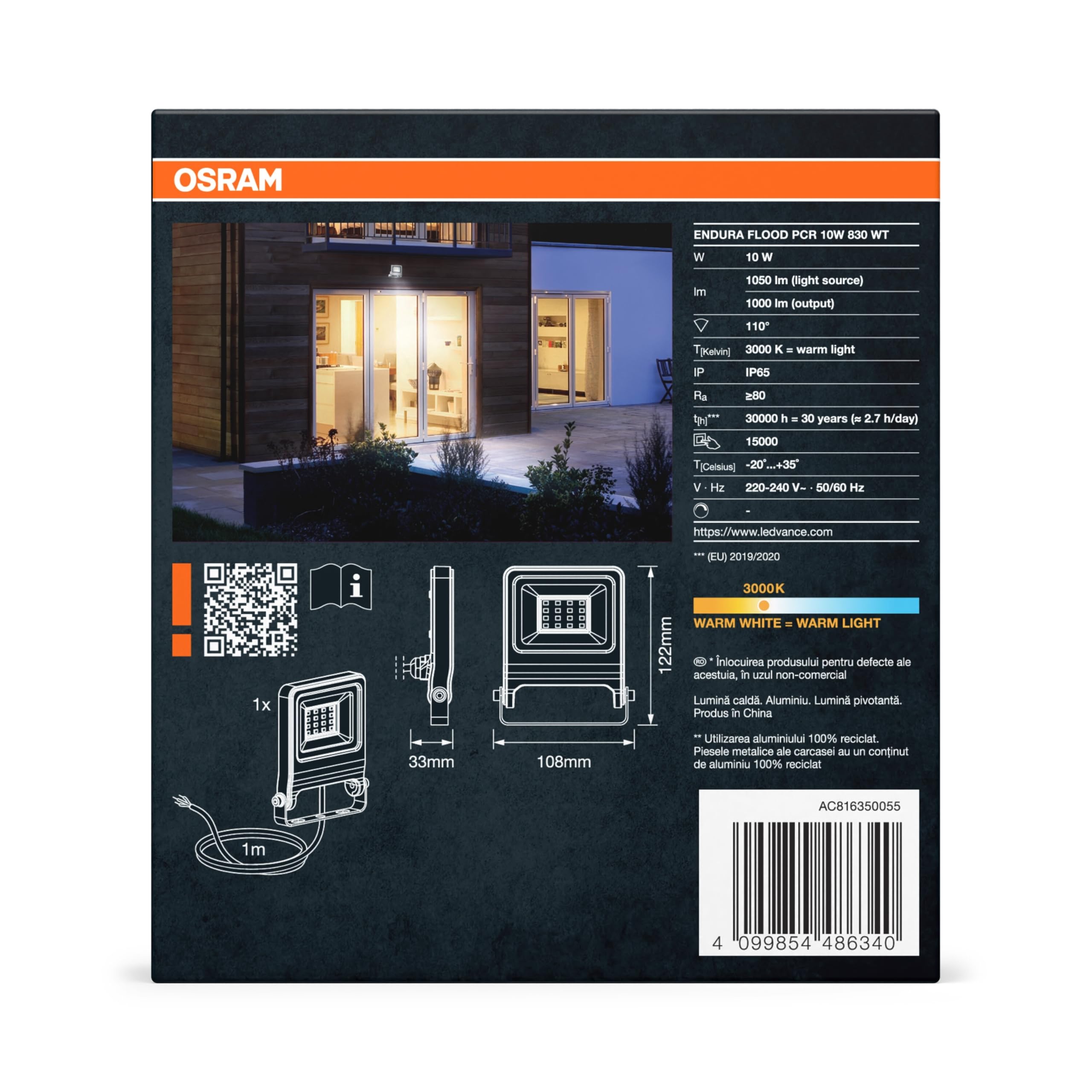 OSRAM Proyector LED ENDURA FLOOD PC de 10 W, blanco cálido de 3000 K, 1000 lúmenes, IP65, material reciclado, soporte de montaje de 180°, blanco