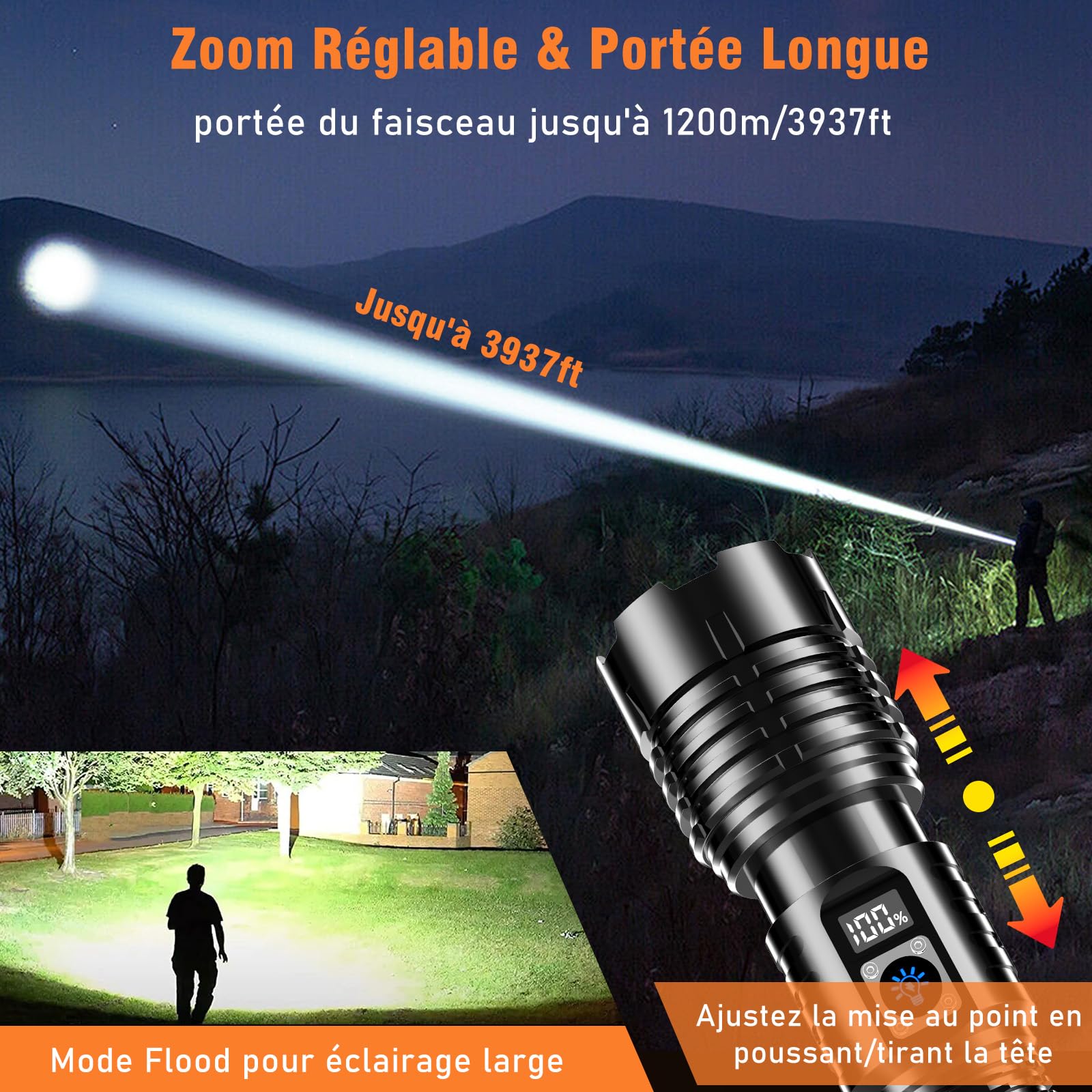 Shadowhawk Lampe Torche LED Ultra Puissante, 1,000,000 Lumens Lampe de Poche, XHM77.2 Lampe Torche Rechargeable USB, IP67 Étanche Lampe Torches, 5 Modes Flashlight pour Camping Randonnée Urgence