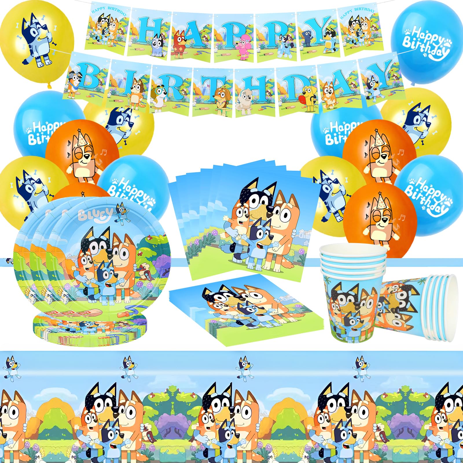 Bluey Decoración Cumpleaños, 60 Piezas Bluey Vajilla Cumpleaños, Juego de Vajilla para Decoración de Fiesta de Cumpleaños Bluey Incluir Banner, Globos, Vasos, Servilletas, Manteles, Platos de Papel