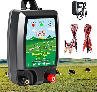 Electric Fence Energiser 12V with LED Display, 10km Range, 1.5J-2J High Power Output, Solar/Battery/AC Multi-Power Electric Fence Charger for Livestock & Pets, Farms Gardens & Security (UK Plug)
