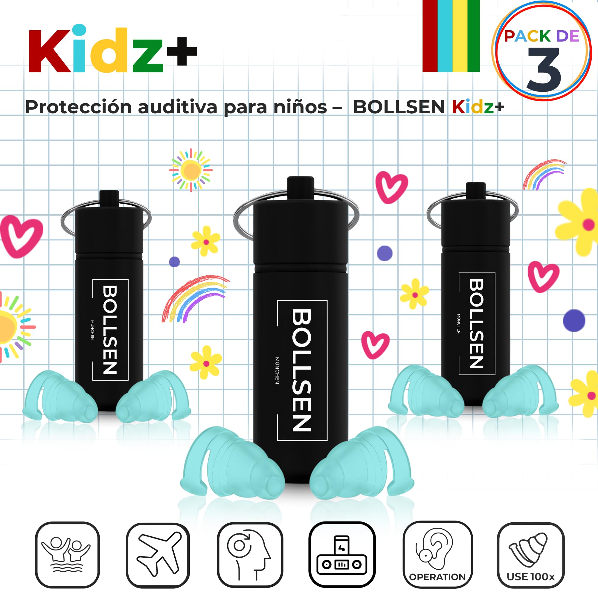 BOLLSEN Tapones para los oídos para niños – Reducción de ruido de 24 dB SNR y tapones impermeables para nadar, dormir, viajar y usar en la escuela – Tapones reutilizables y cómodos para niños. (3)