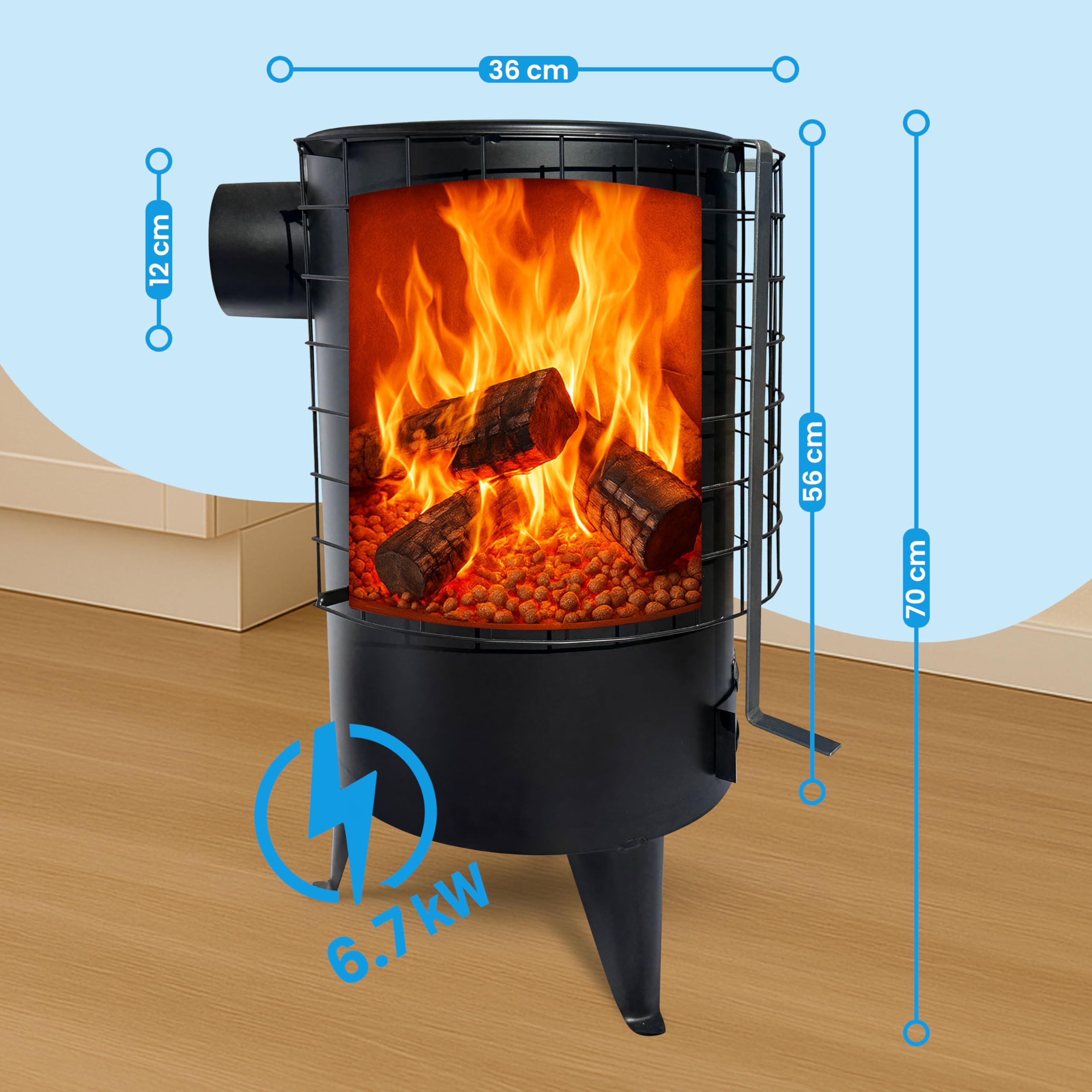 BAÑO MODERNO Estufa de Leña Redonda, Chimeneas de Leña, Estufa con Potencia 6,7 KW Para Calentar Superficie De 50 M², Estufas de Leña con Horno Grande, Estufa Leña Interior, Estufa Leña Negro
