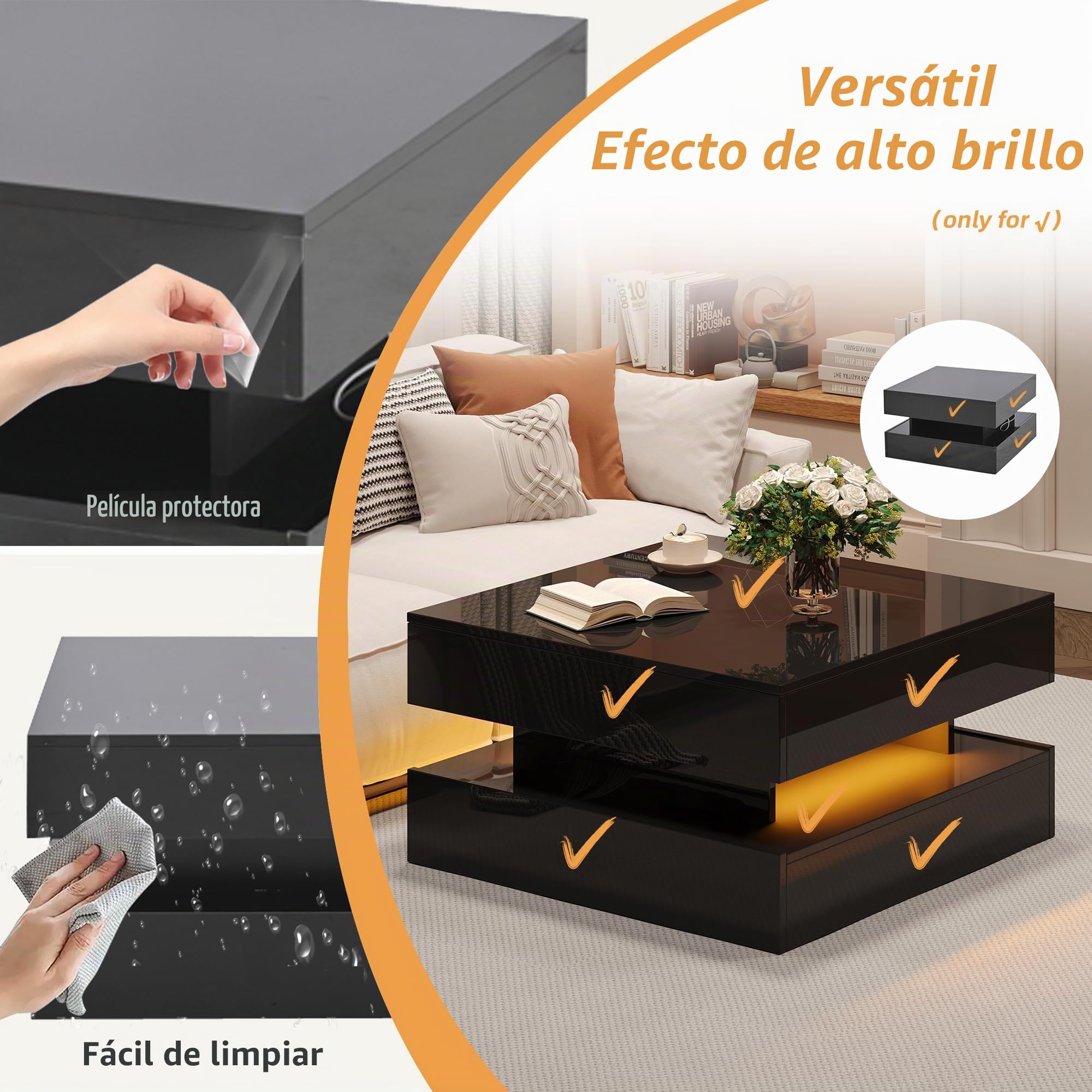65 x 65 x 38,5 cm elevable mesa de salón auxiliar, mesa de centro brillante con barra de luz LED, mesa de sofá con 2 cajones, color negro