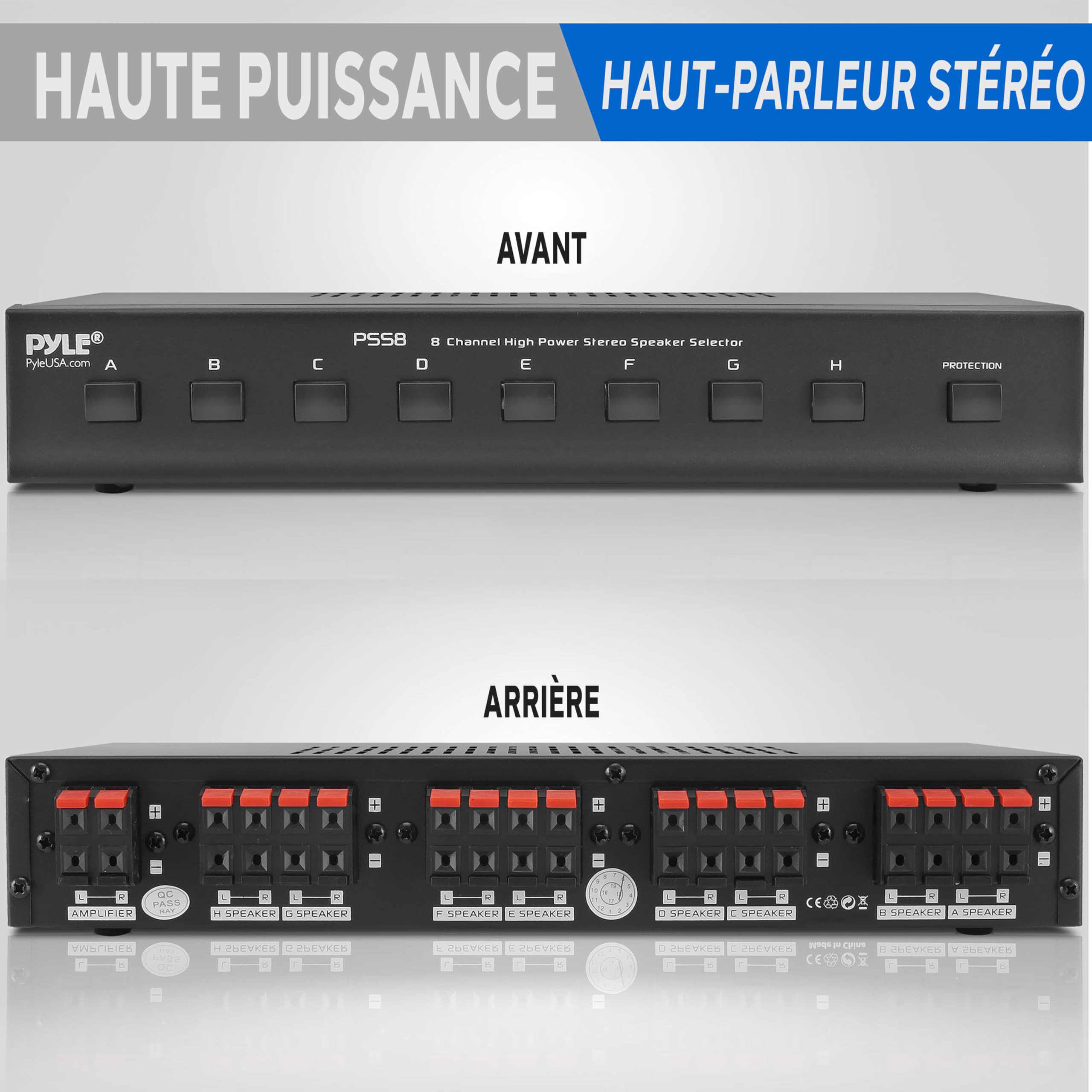 Pyle Sélecteur de Commutateur Audio 8 Zones, Boîtier de Distribution pour Amplificateur Stéréo Multi-Canaux Haute Puissance, Commutateurs A/B/C | 8 Paires de Haut-Parleurs PSS8