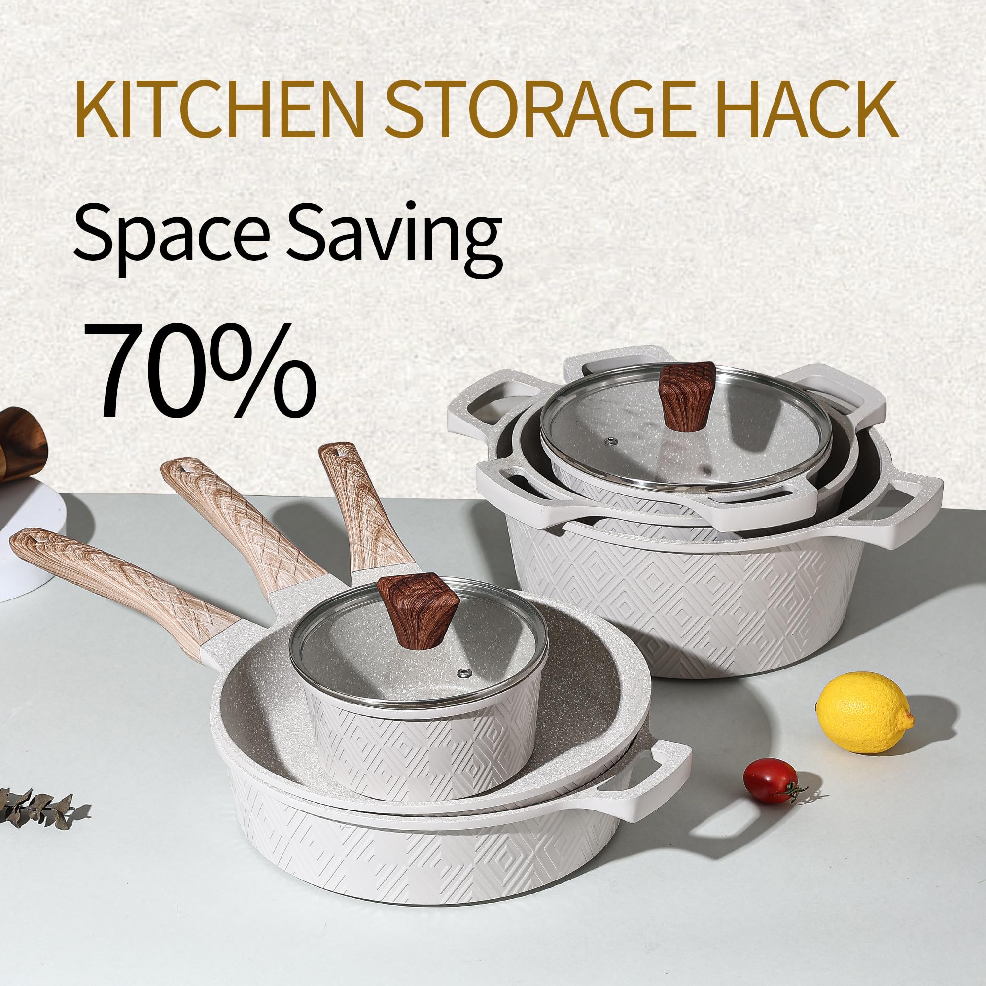 Royal Swiss Batterie de cuisine 12 pièces en aluminium avec revêtement antiadhésif en marbre - Pour induction, gaz, électrique et céramique - Couvercle en verre avec sortie vapeur - Sans PFAS et passe