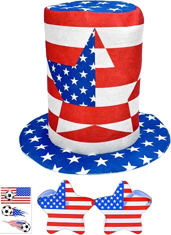 Hikkcos 4th of July Hat Patriotic Hat USA Costume Accessories with Flag Sun Glasse & Tattoos Red White Blue Costume for 250 Years & Parties