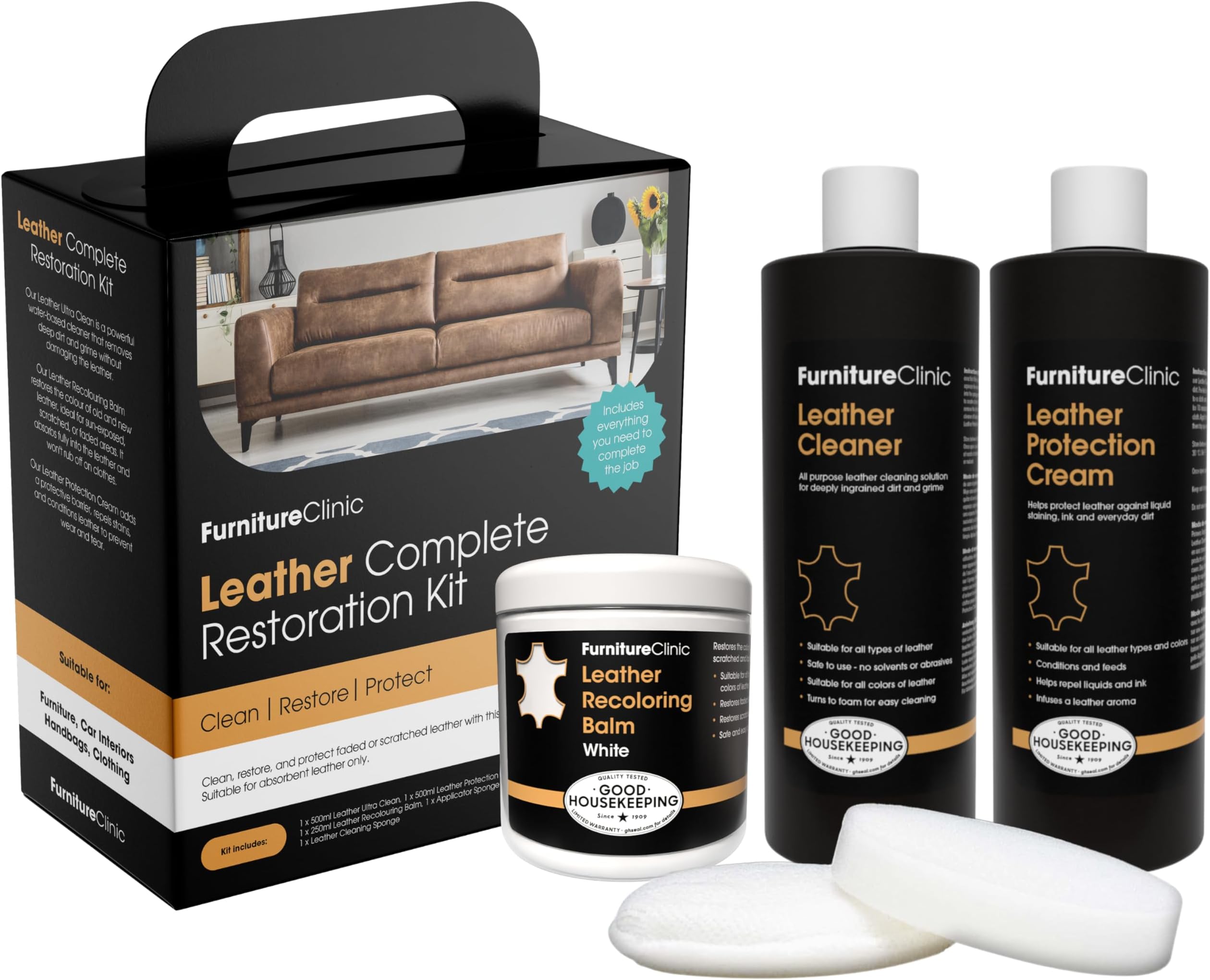 Leather Complete Restoration Kit | with Leather Recoloring Balm, Cleaner, 2-in-1 Protection Cream & Conditioner, Sponge, and Cloth | Leather Repair Kit for Furniture (White)