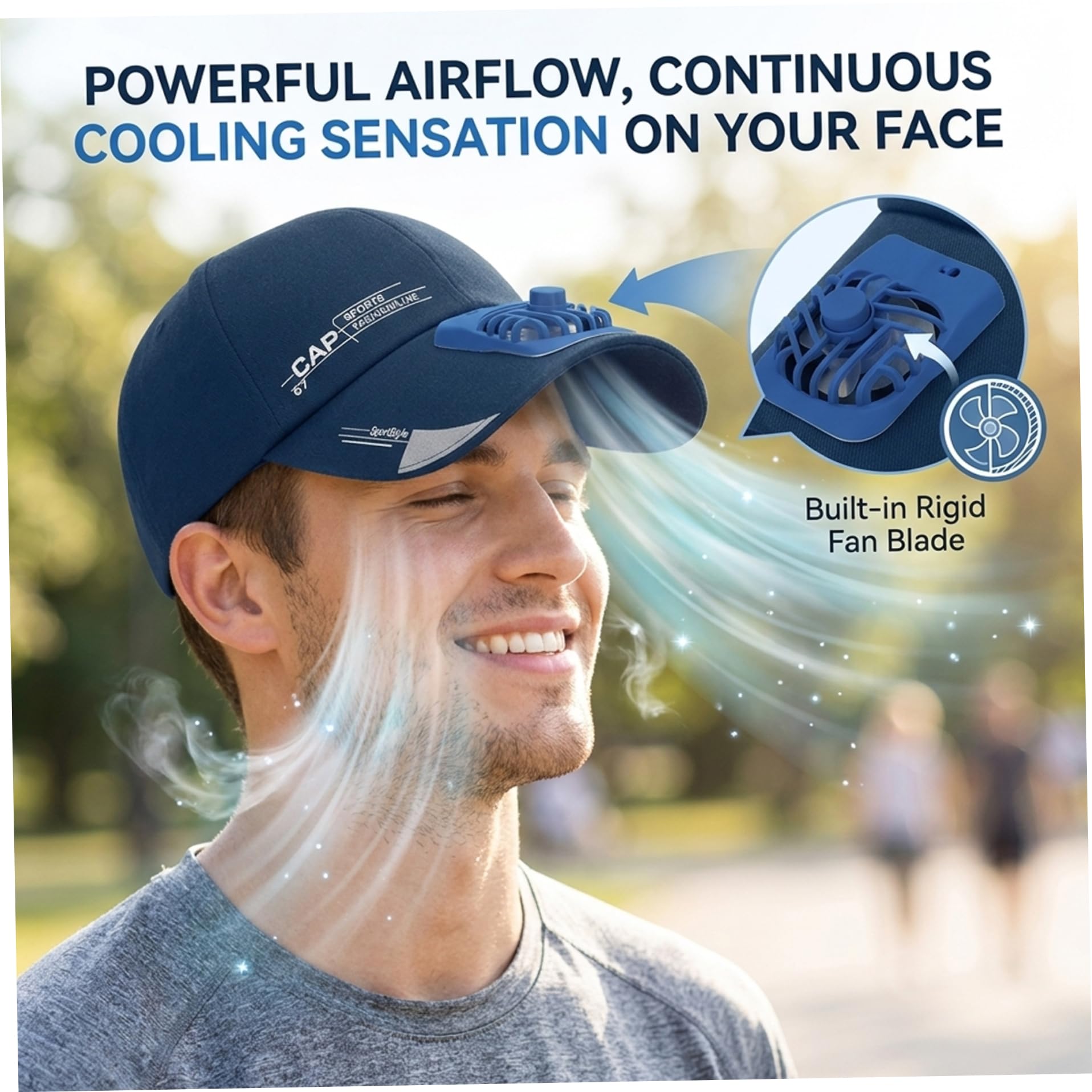 Casquette avec ventilateur intégré pour l'extérieur casquette rafraîchissante avec flux d'air puissant de baseball de protection solaire pour l'été les voyages et le sport (bleu).