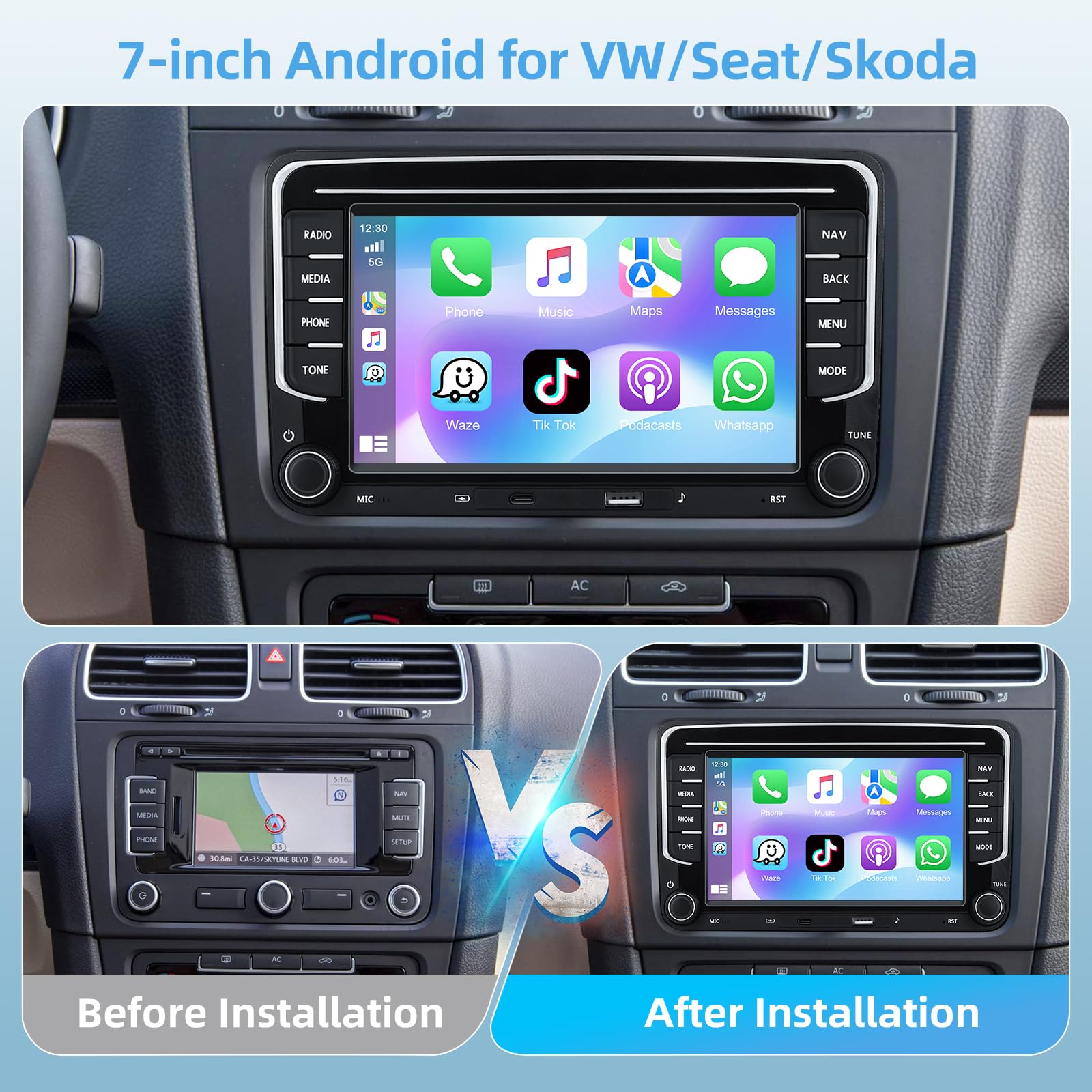 Autoradio 2+64G per VW Seat Passat Golf 5 6 Polo Skoda con Carplay Android Auto,Radio Stereo Android 15 da 7'' con GPS/WiFi/Bluetooth/EQ/FM/RDS/Type-C,Telecamera di Retromarcia AHD e Microfono