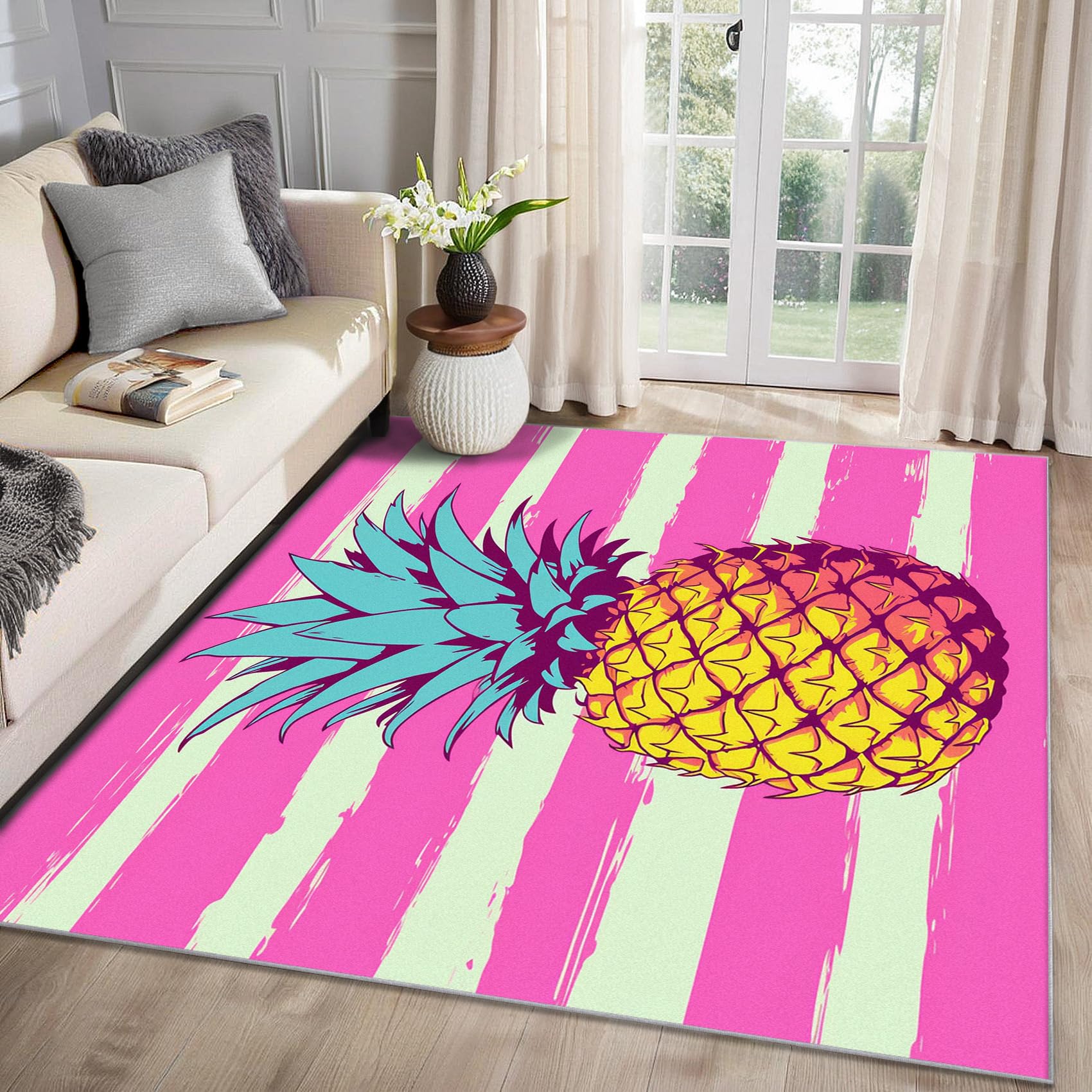 MMYAOKEN Pineapple Rug - Tropical Fruit Rug 120 x 120, Pink and White Striped Patterned Area Rugs for Living Room Bedroom, Machine Washable Non Slip Soft Carpet, Pineapple Home Decor & Gifts
