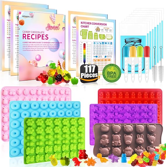 117Pcs Silicone Gummy Bear Molds Kit with 100 Wrappers, 5 Recipe Cards, 4 Droppers & 2 Brushes,Non-Stick Candy Mold for DIY Chocolate, Gummy Bears, Party Favors (Dinosaur, Bear, Fruits, Donut Shapes)